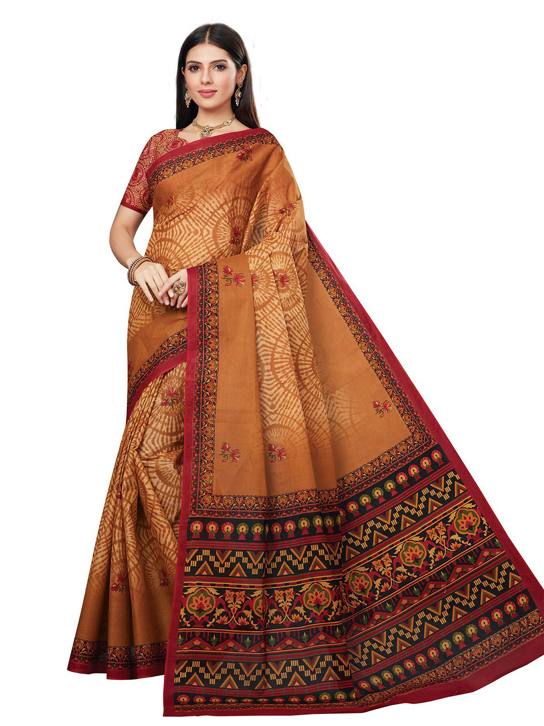 

SALWAR STUDIO Orange & Red Floral Print Pure Cotton Saree