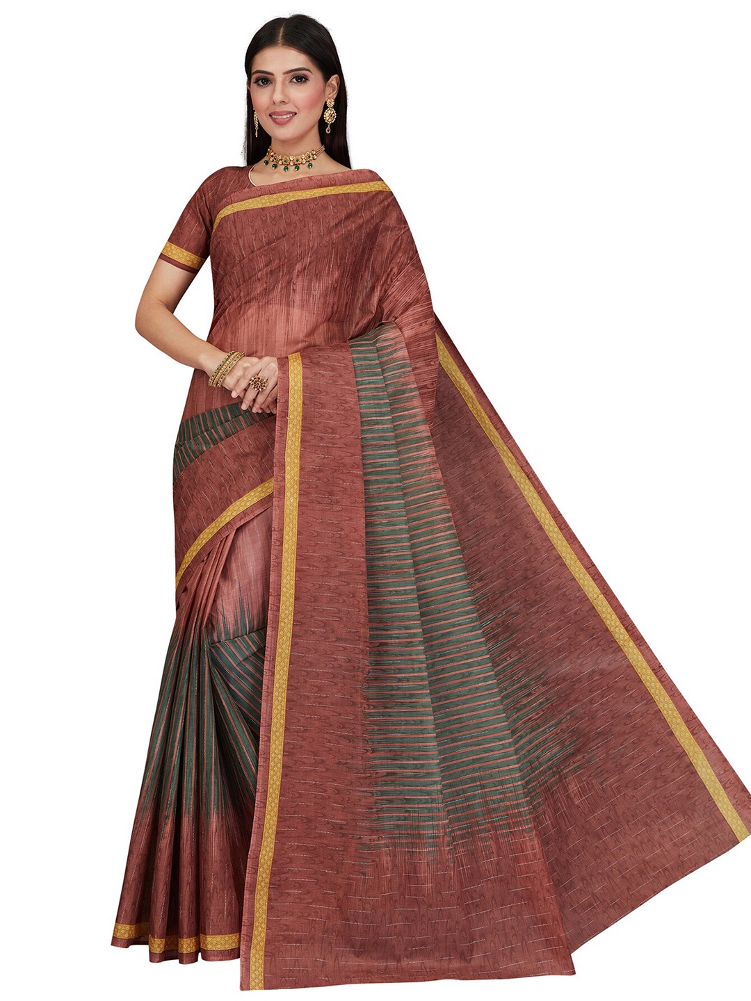 

SALWAR STUDIO Brown & Green Striped Pure Cotton Saree