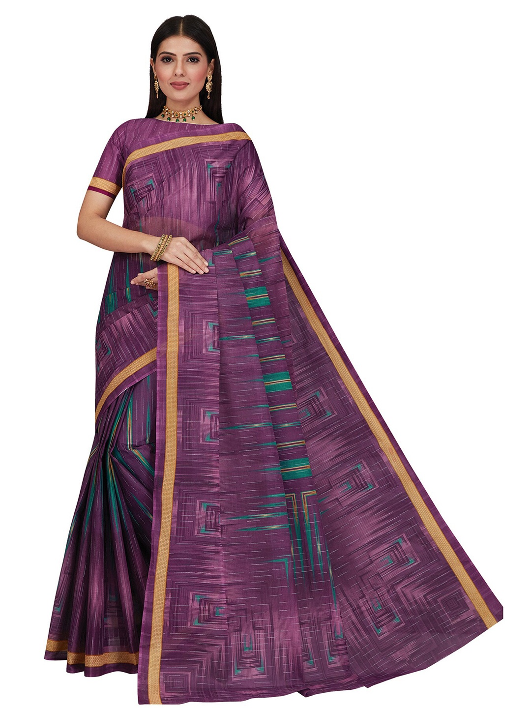 

SALWAR STUDIO Purple & Gold-Toned Printed Pure Cotton Saree