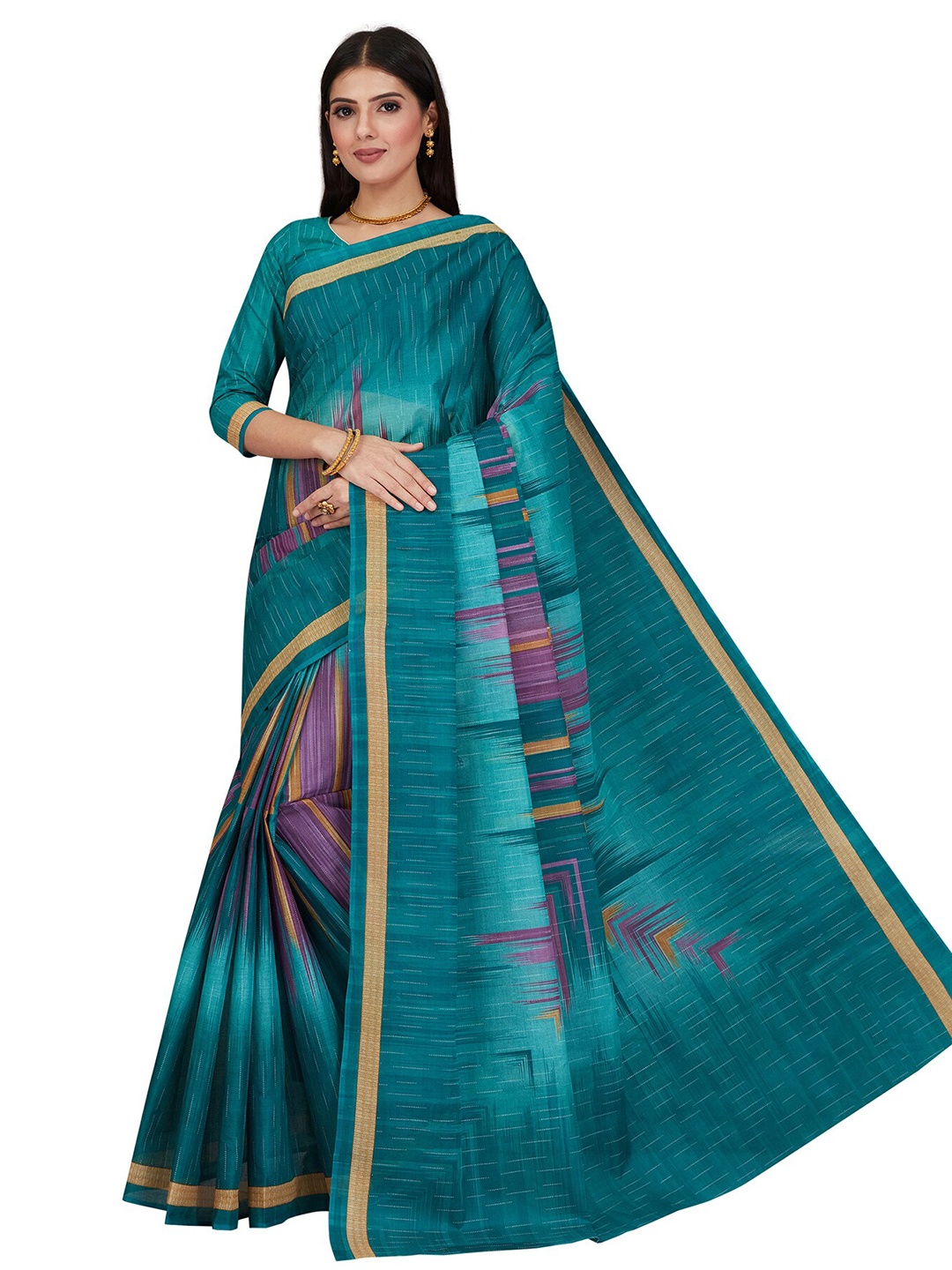 

SALWAR STUDIO Green & Purple Printed Pure Cotton Saree