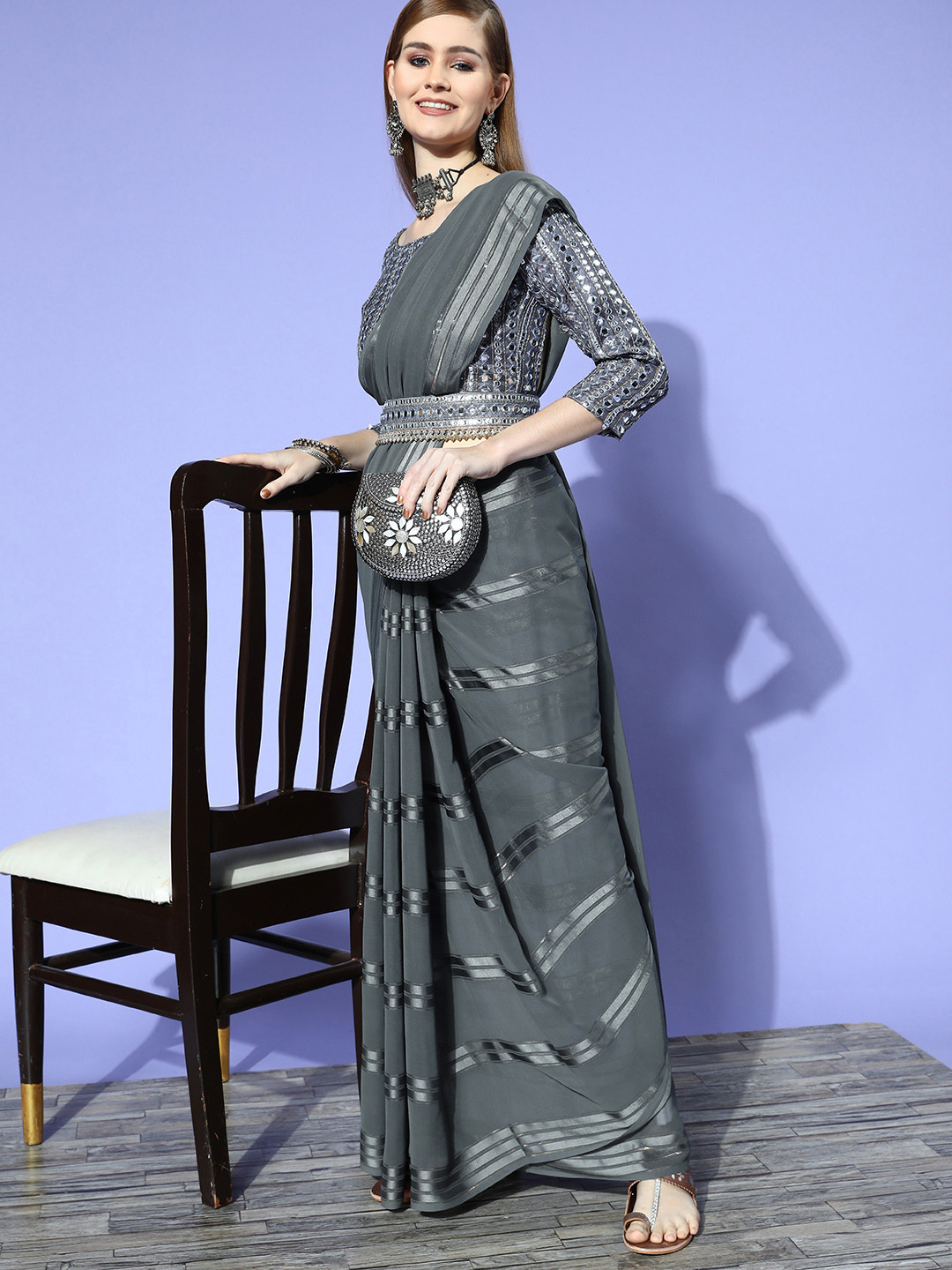 

Saree mall Striped Saree with Solid border, Grey