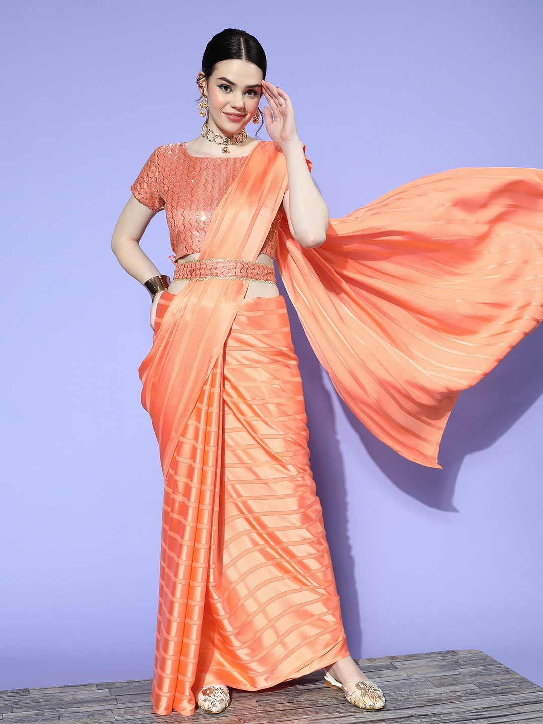 

Saree mall Striped Satin Saree with Solid border, Orange