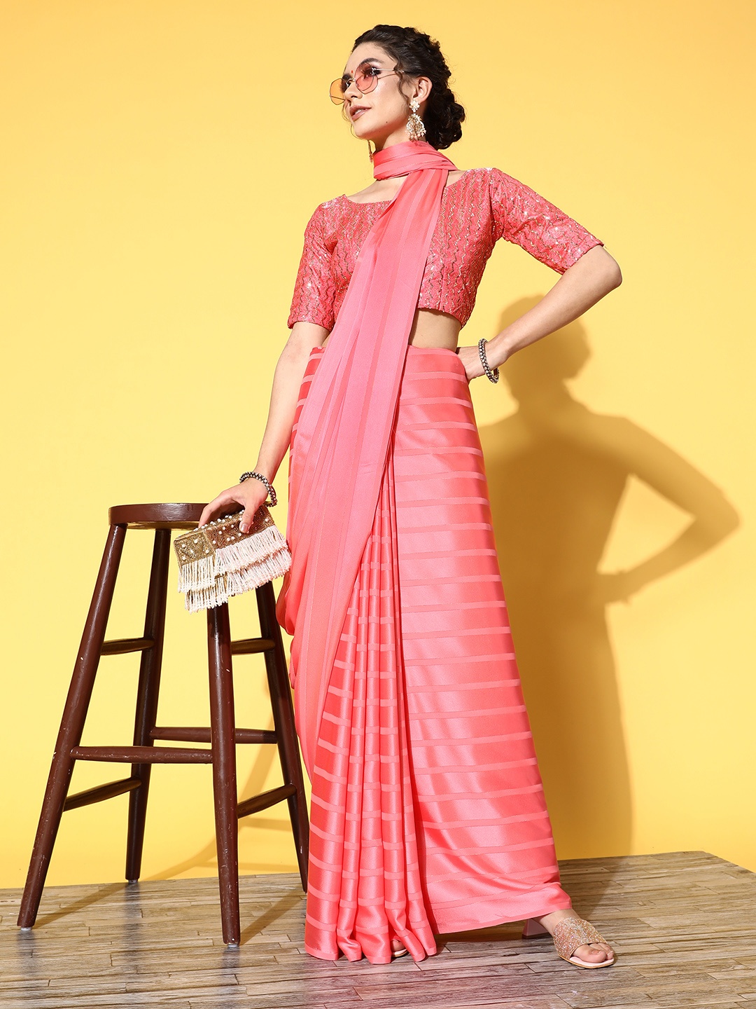 

Saree mall Striped Satin Saree with Solid border, Pink