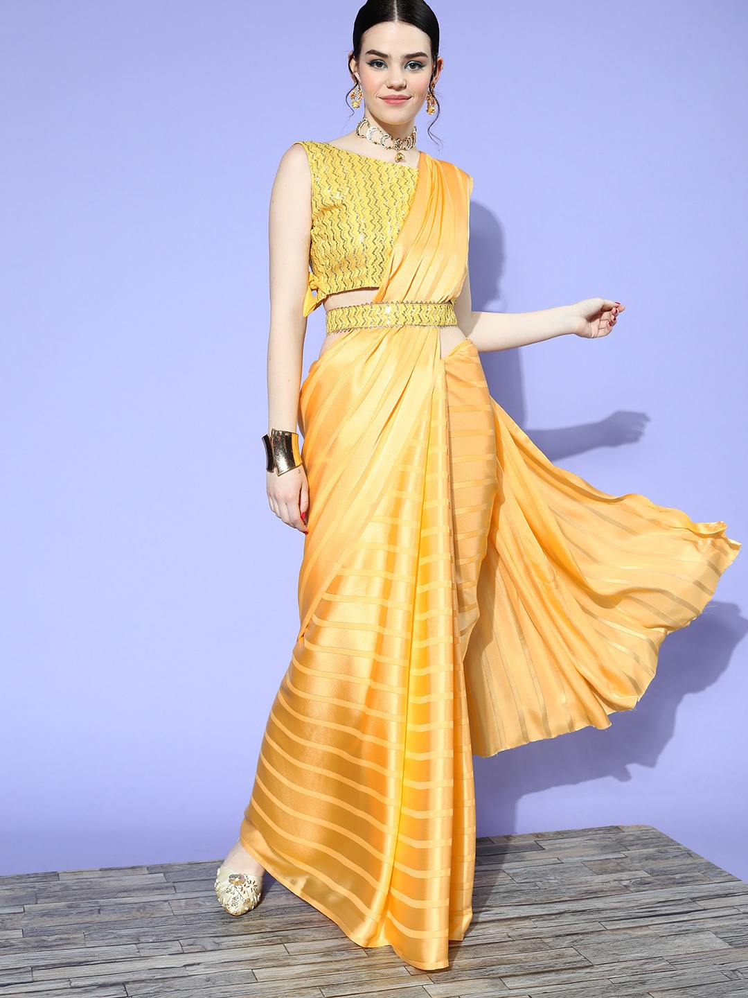 

Saree mall Striped Satin Saree with Solid border, Yellow