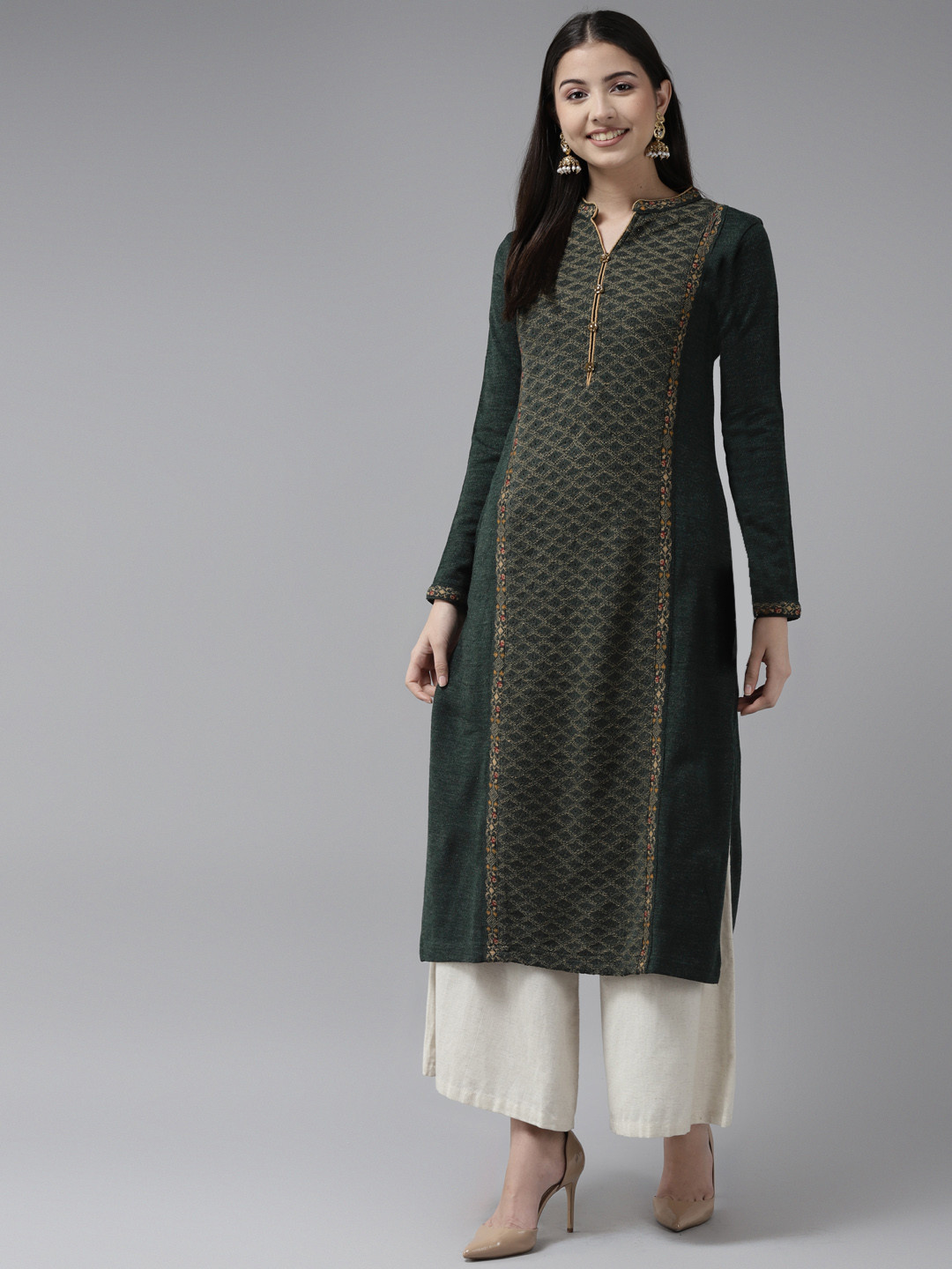 

Cayman Women Olive Green Knitted Woollen Kurta