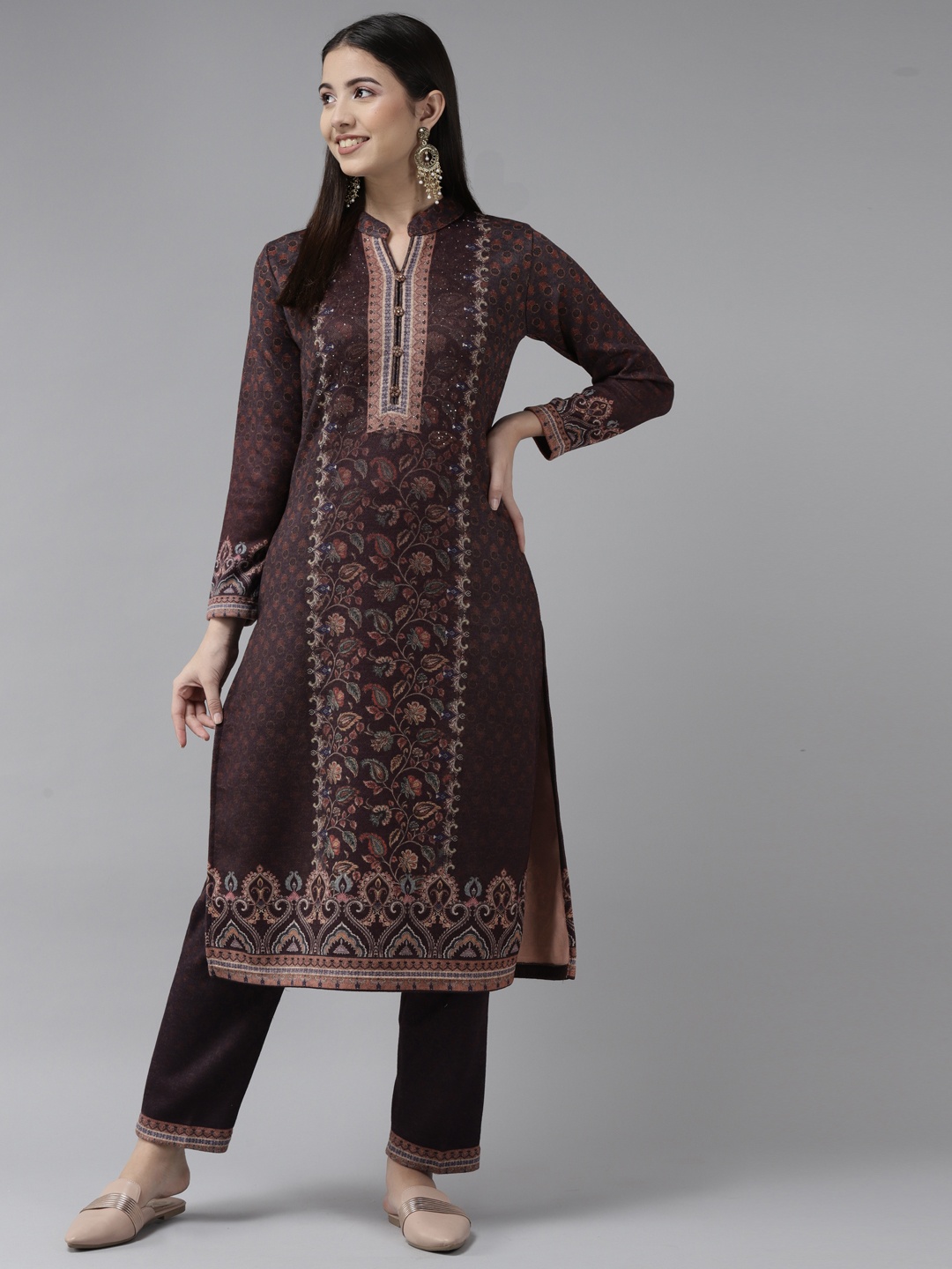

Cayman Women Coffee Brown Floral Woollen Kurta with Trousers