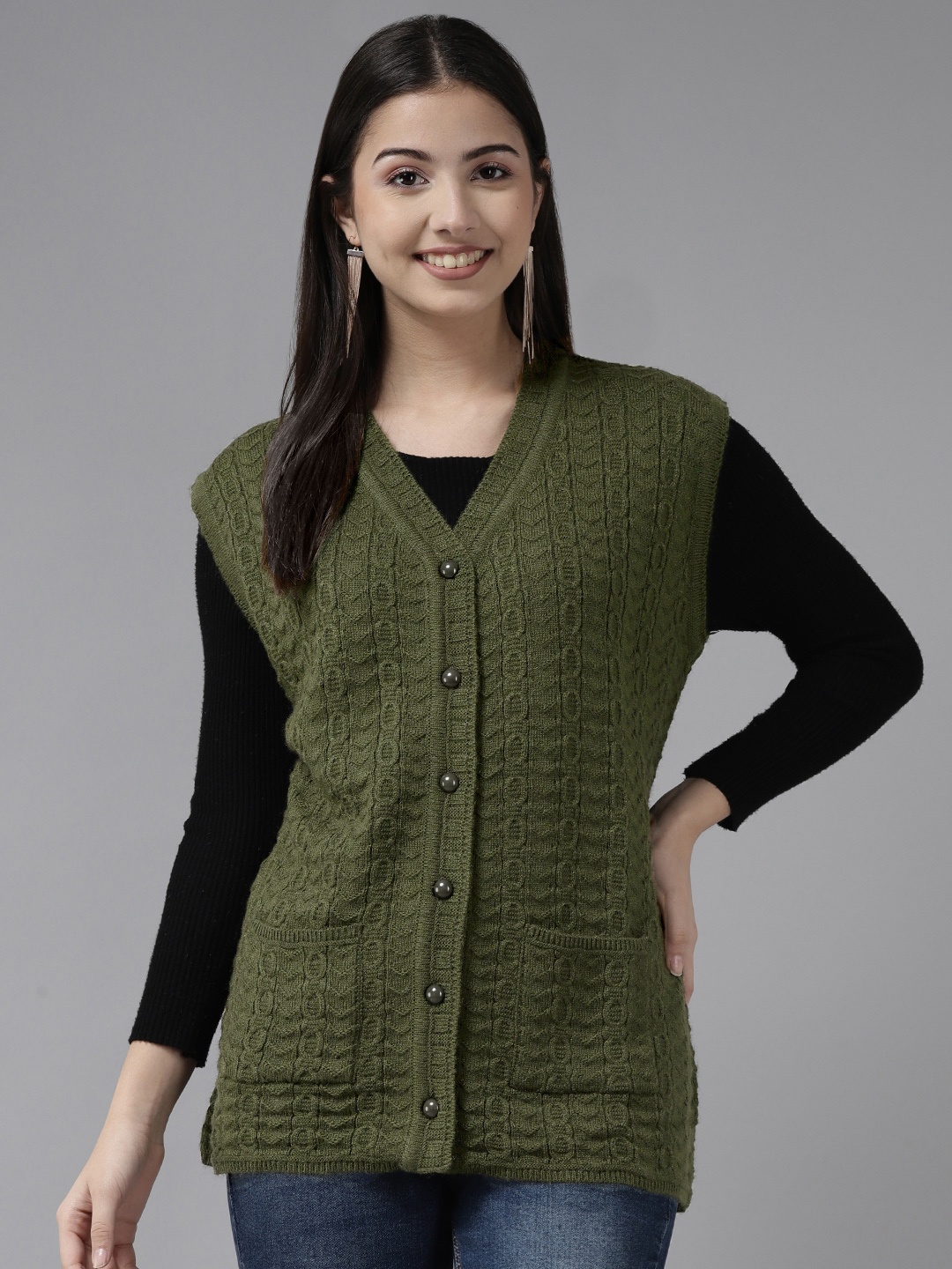 

Cayman Women Olive Green Cable Knit Woollen Cardigan
