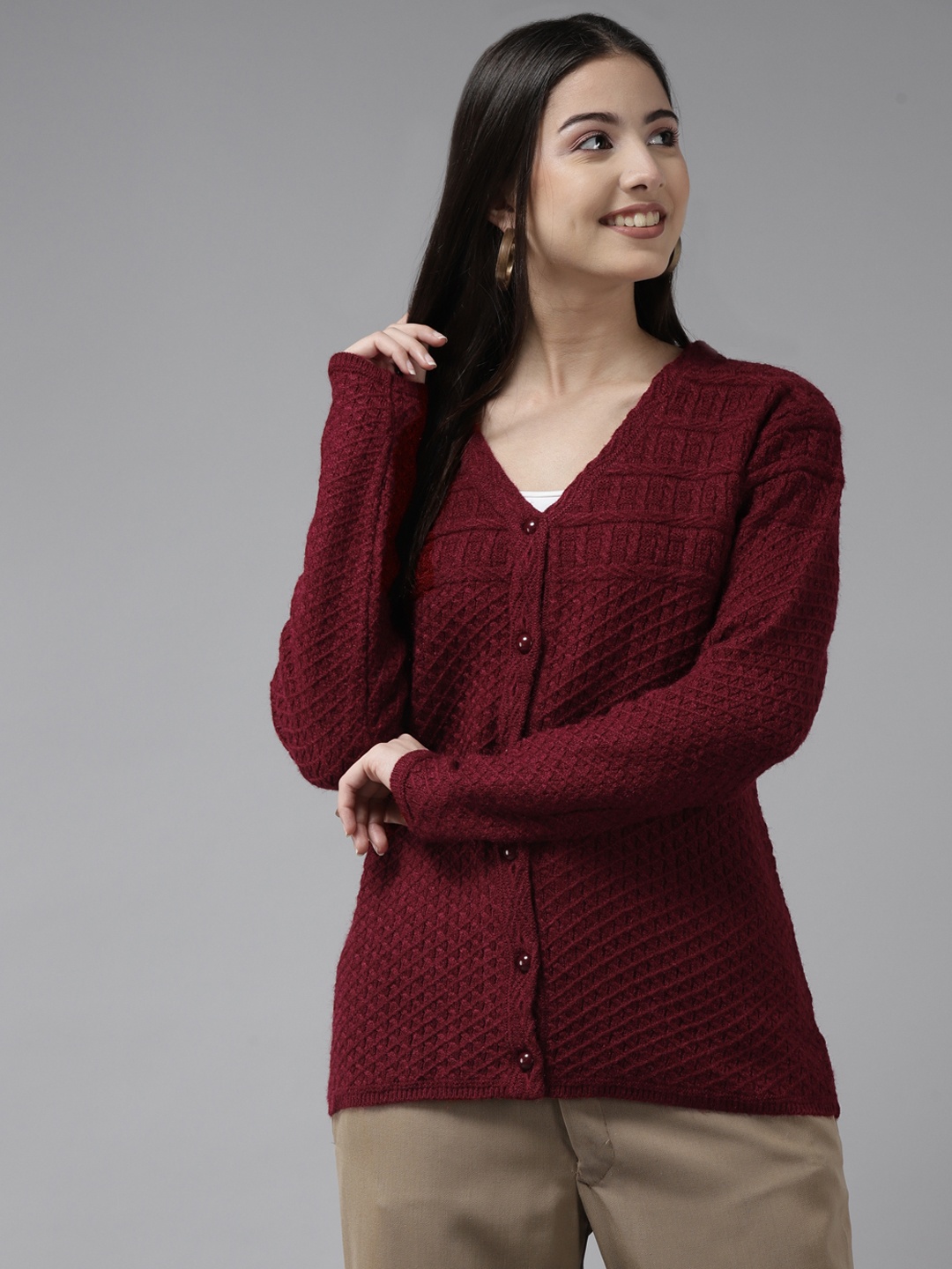 

Cayman Women Maroon Wool Cardigan