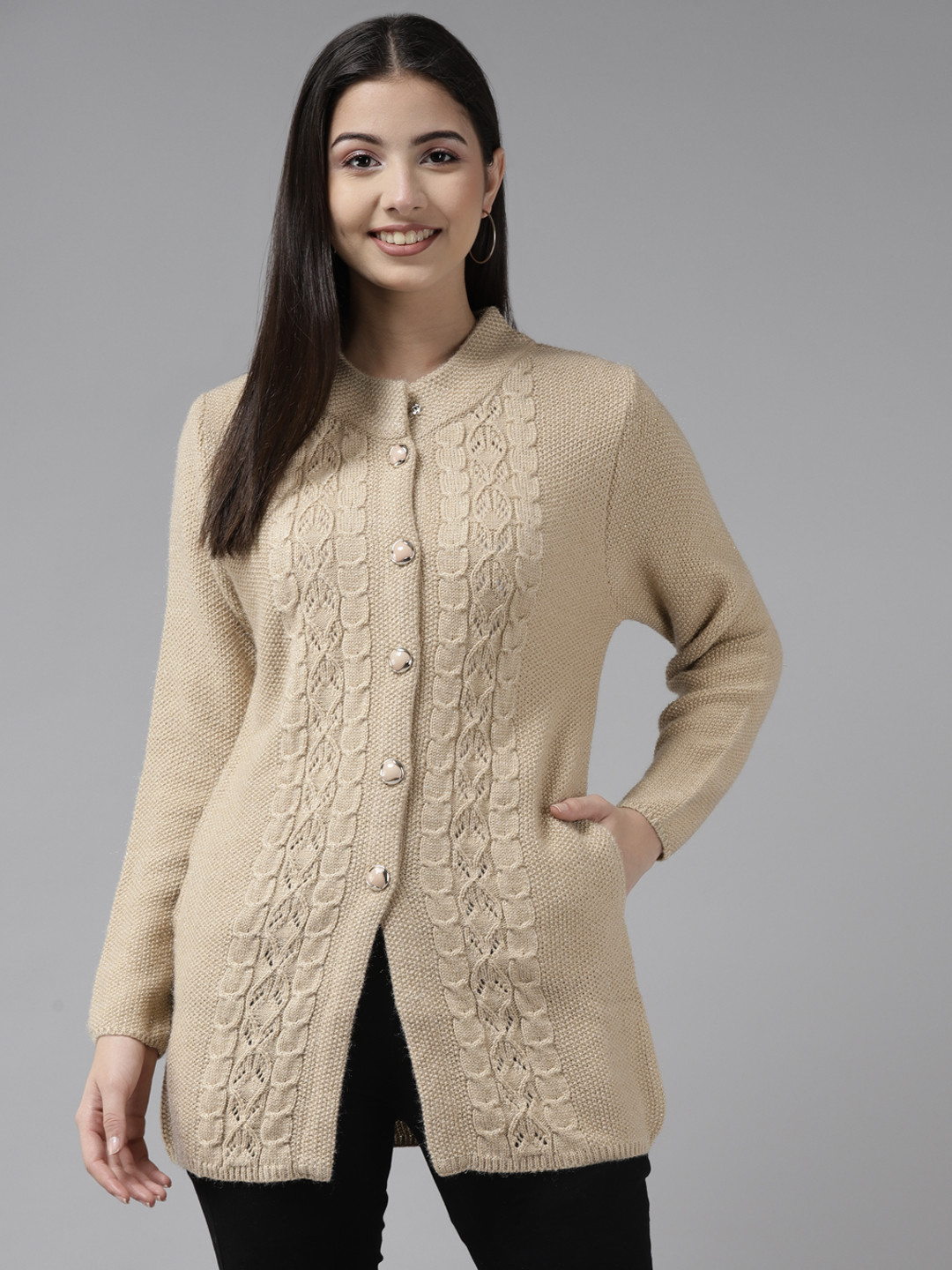 

Cayman Women Beige Cable Knit Woollen Longline Cardigan