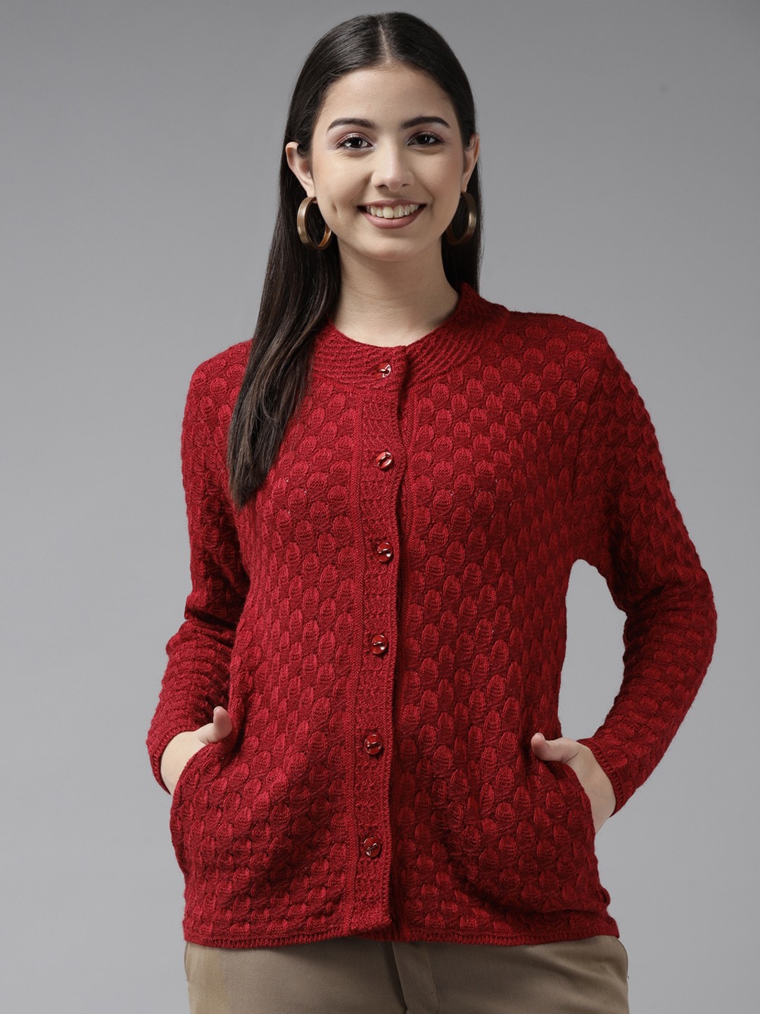 

Cayman Women Red Cable Knit Woollen Cardigan