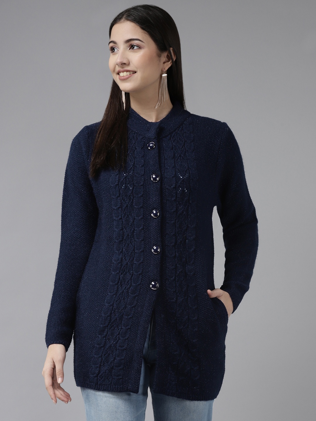 

Cayman Women Navy Blue Cable Knit Woollen Longline Cardigan