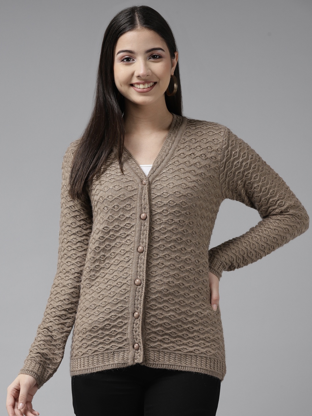 

Cayman Women Camel Brown Cable Knit Woollen Cardigan