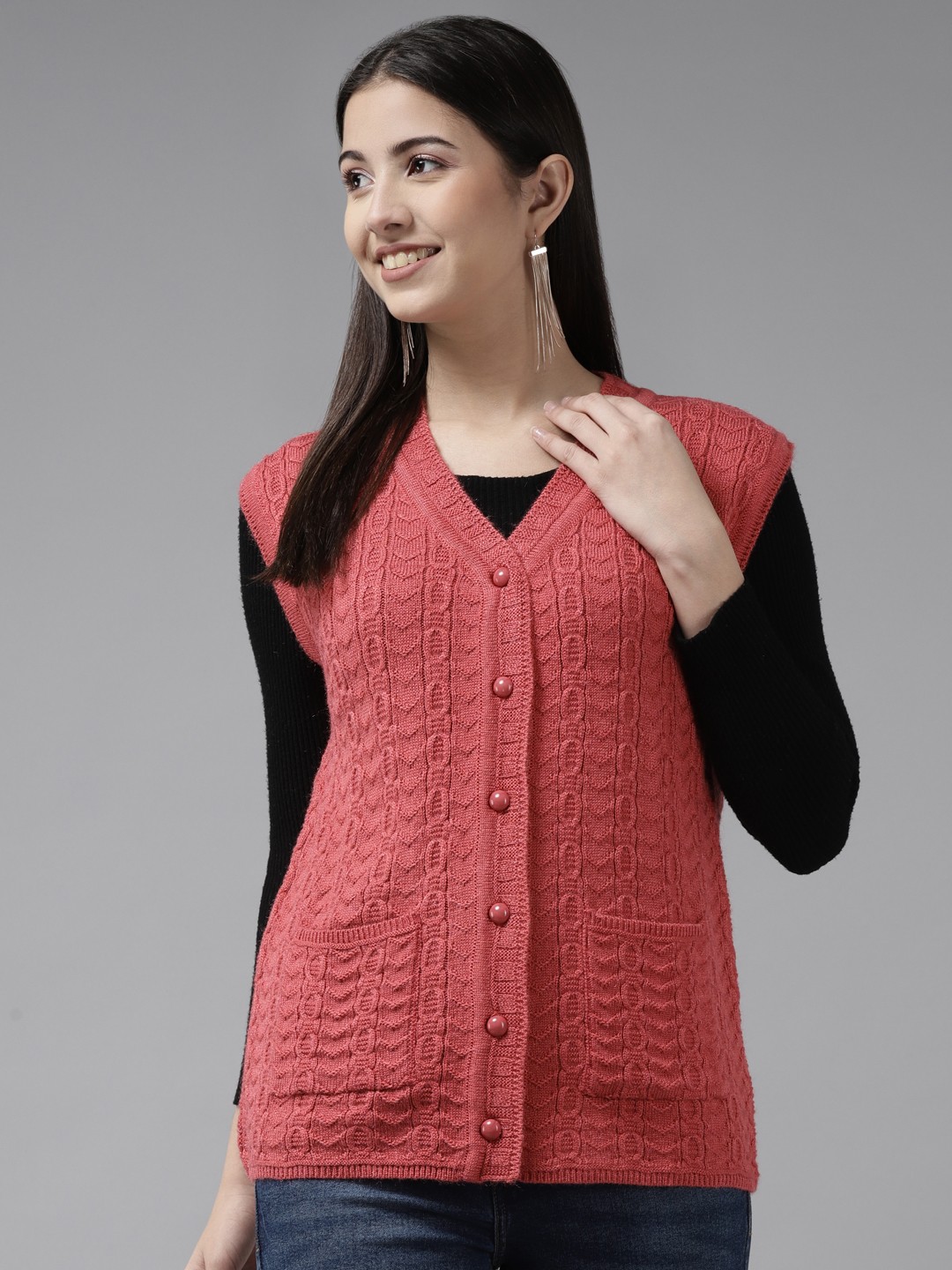 

Cayman Women Pink Cable Knit Woollen Cardigan