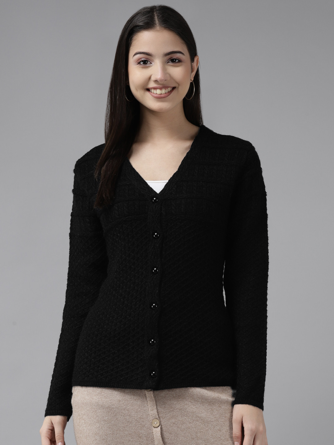 

Cayman Women Black Cable Knit Wool Cardigan