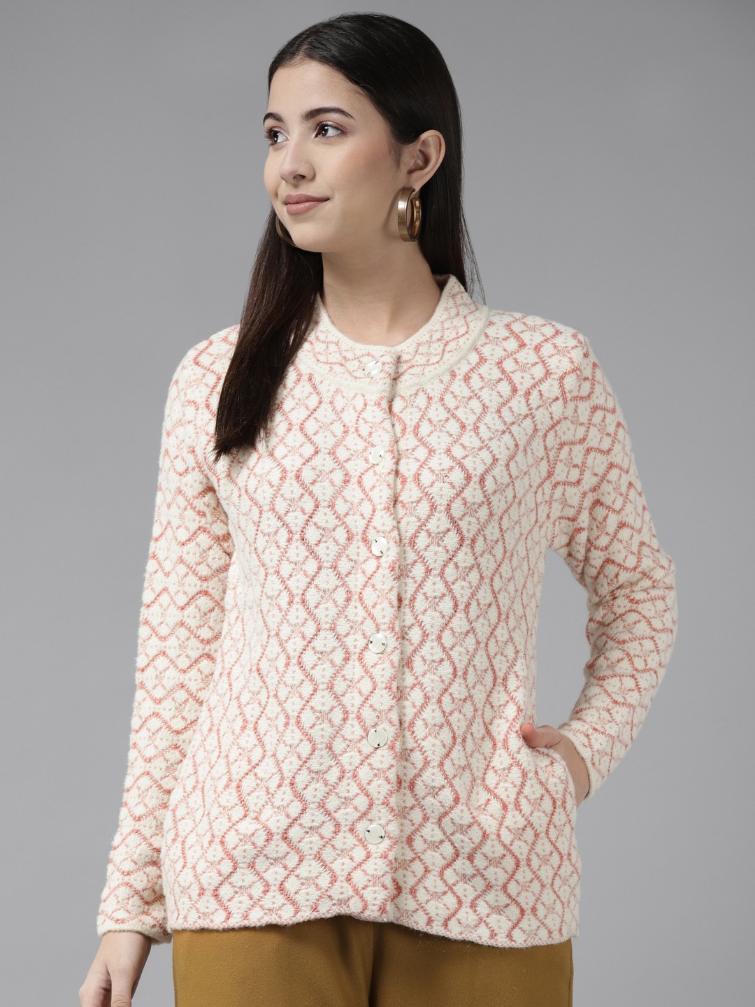 

Cayman Women Pink & White Knitted Woollen Cardigan