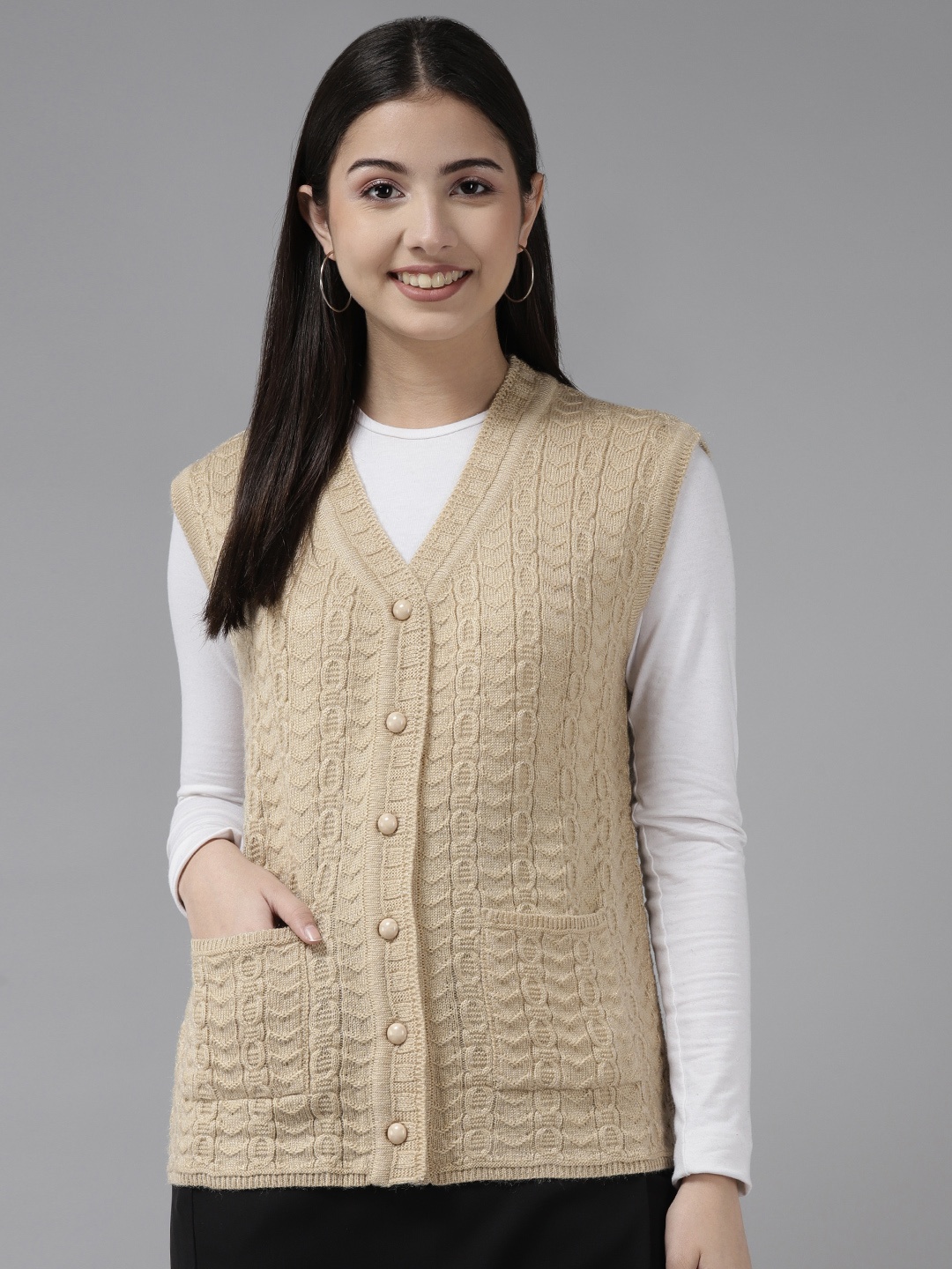 

Cayman Women Beige Cable Knit Woollen Cardigan