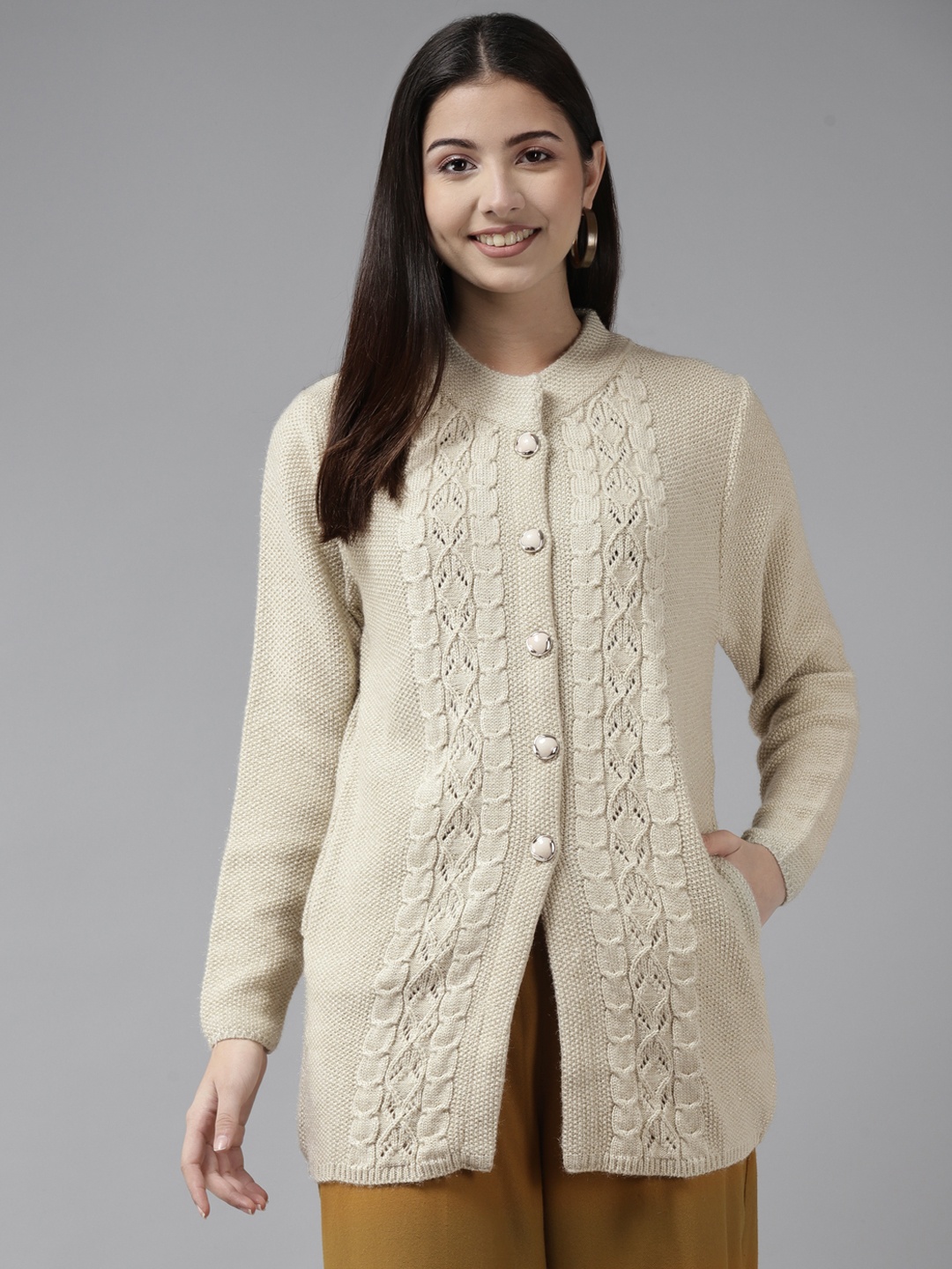 

Cayman Women Beige Cable Knit Woollen Longline Cardigan