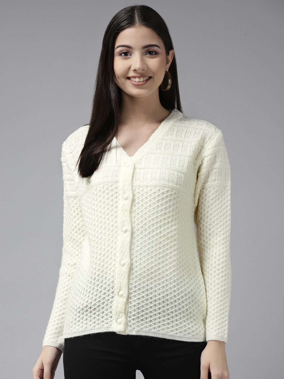

Cayman Women Off White Self Design Woollen Cardigan
