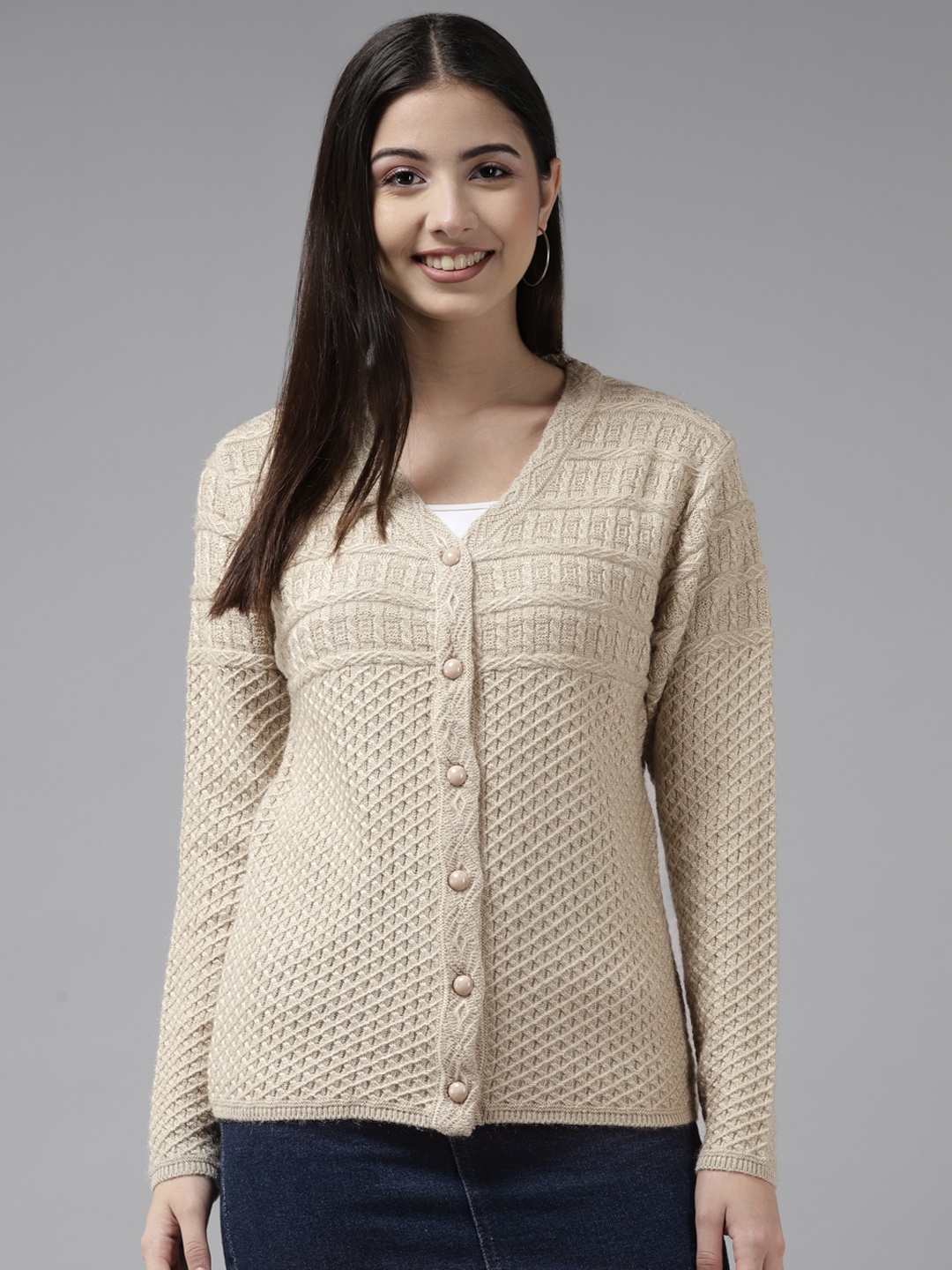 

Cayman Women Beige Knitted Woollen Cardigan