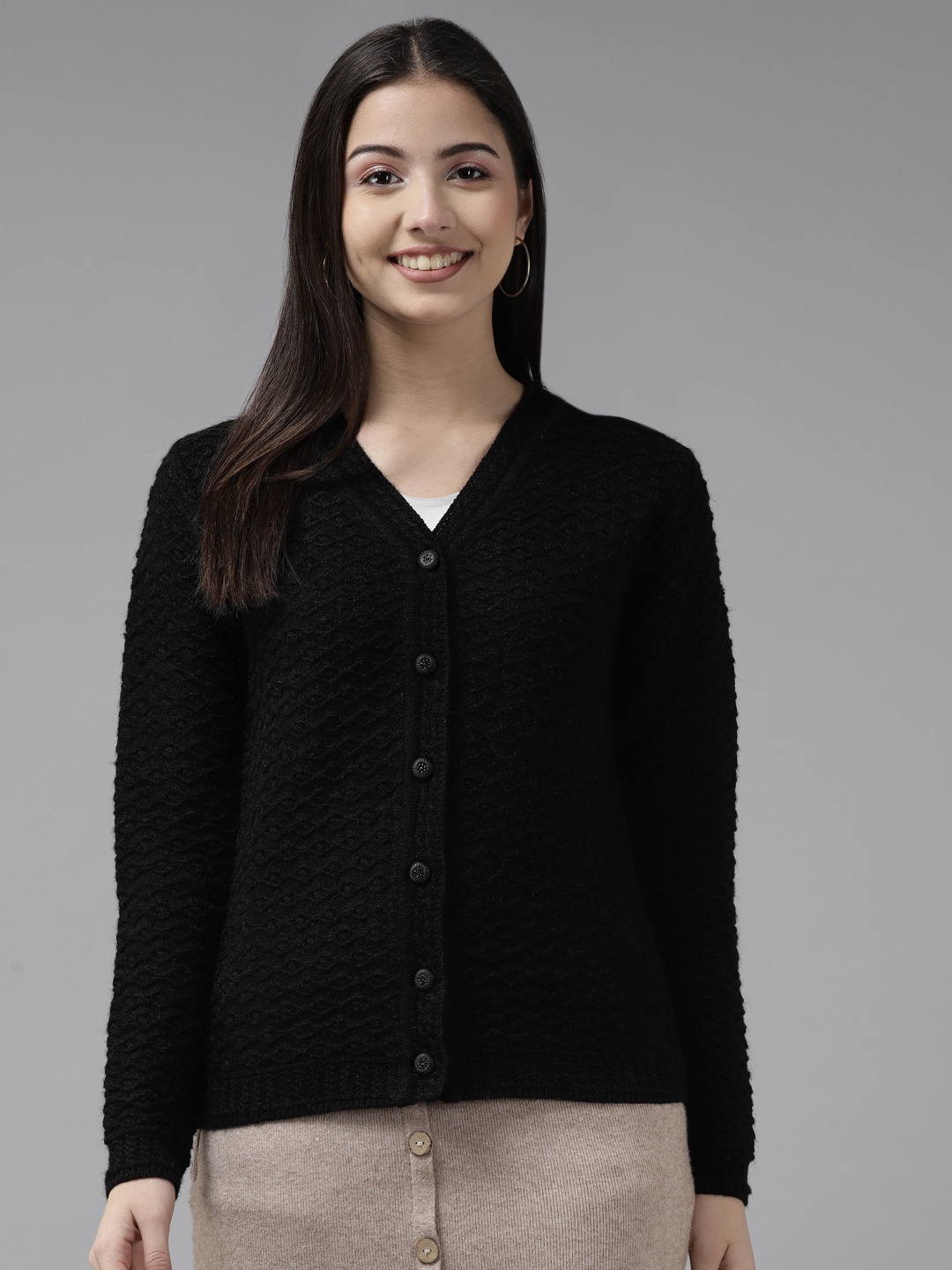 

Cayman Women Black Cable Knit Woollen Cardigan