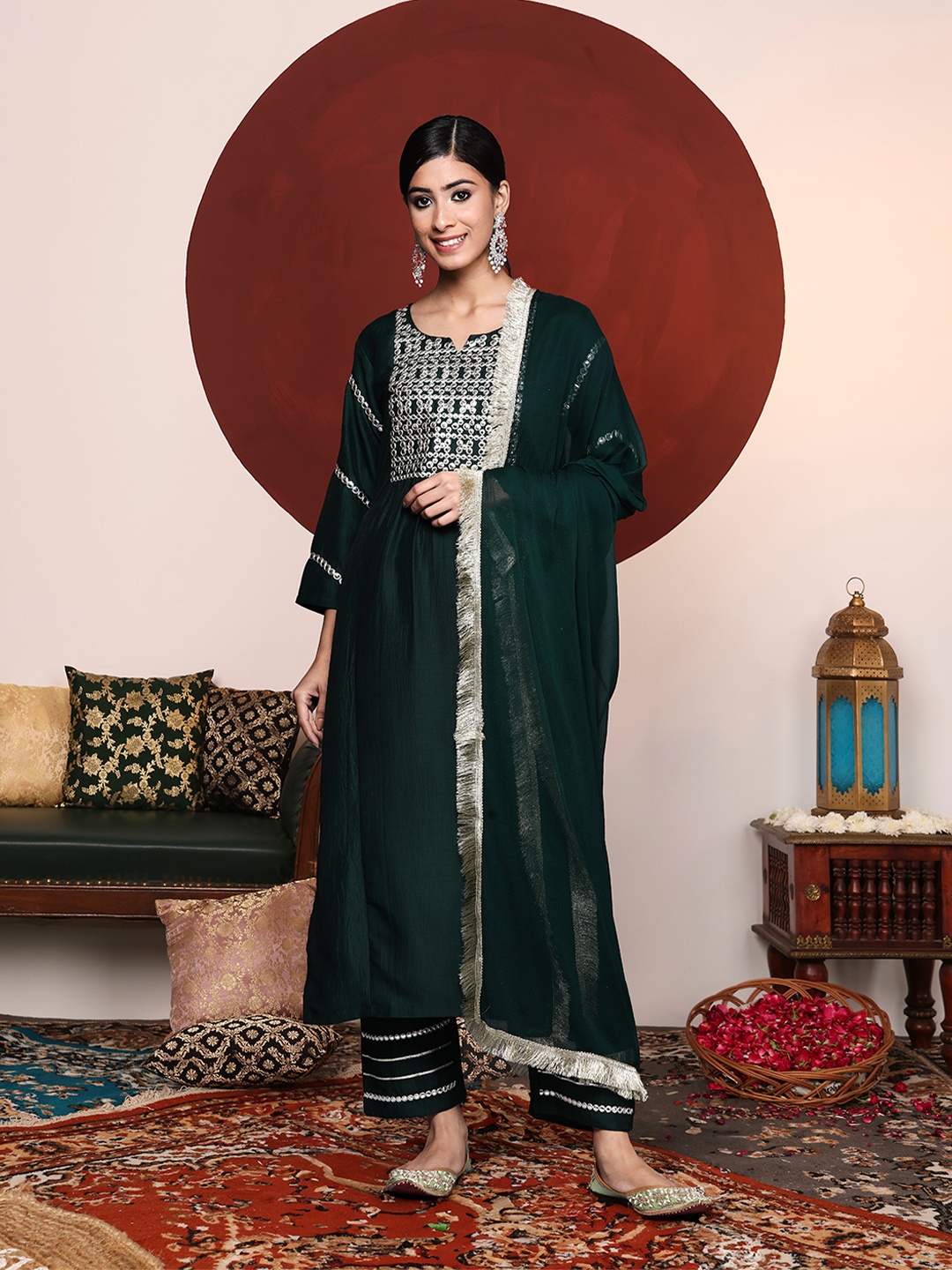 

Varanga Women Green Yoke Design Mirror Work Kurta with Trousers & Dupatta