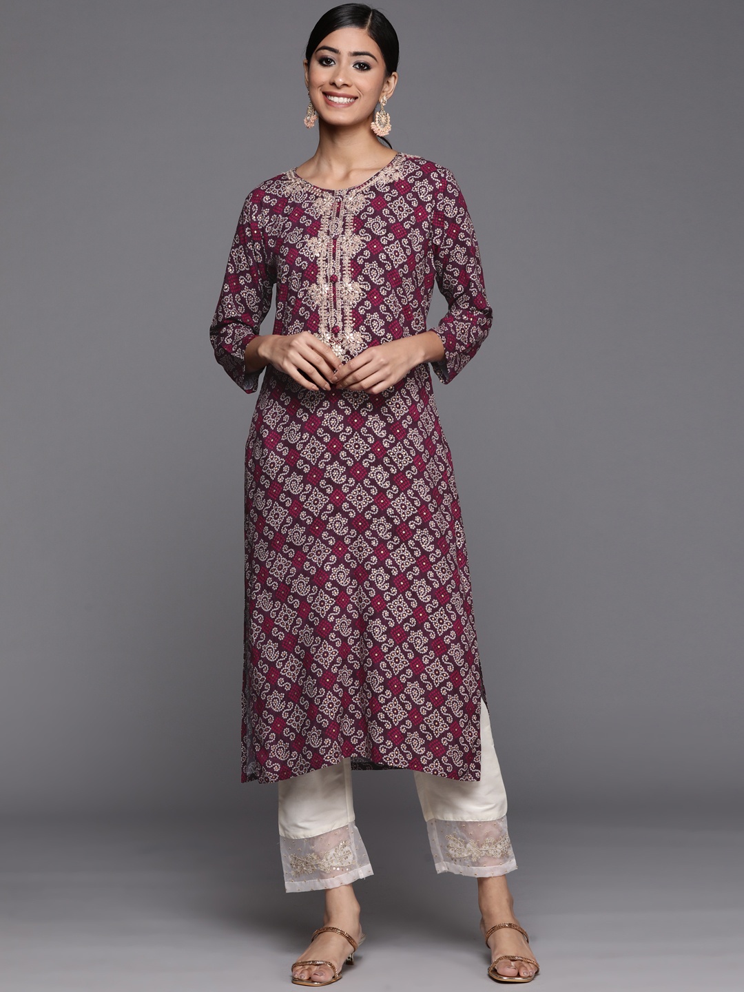 

Varanga Women Burgundy & Golden Bandhani Printed Mirror Work Kurta