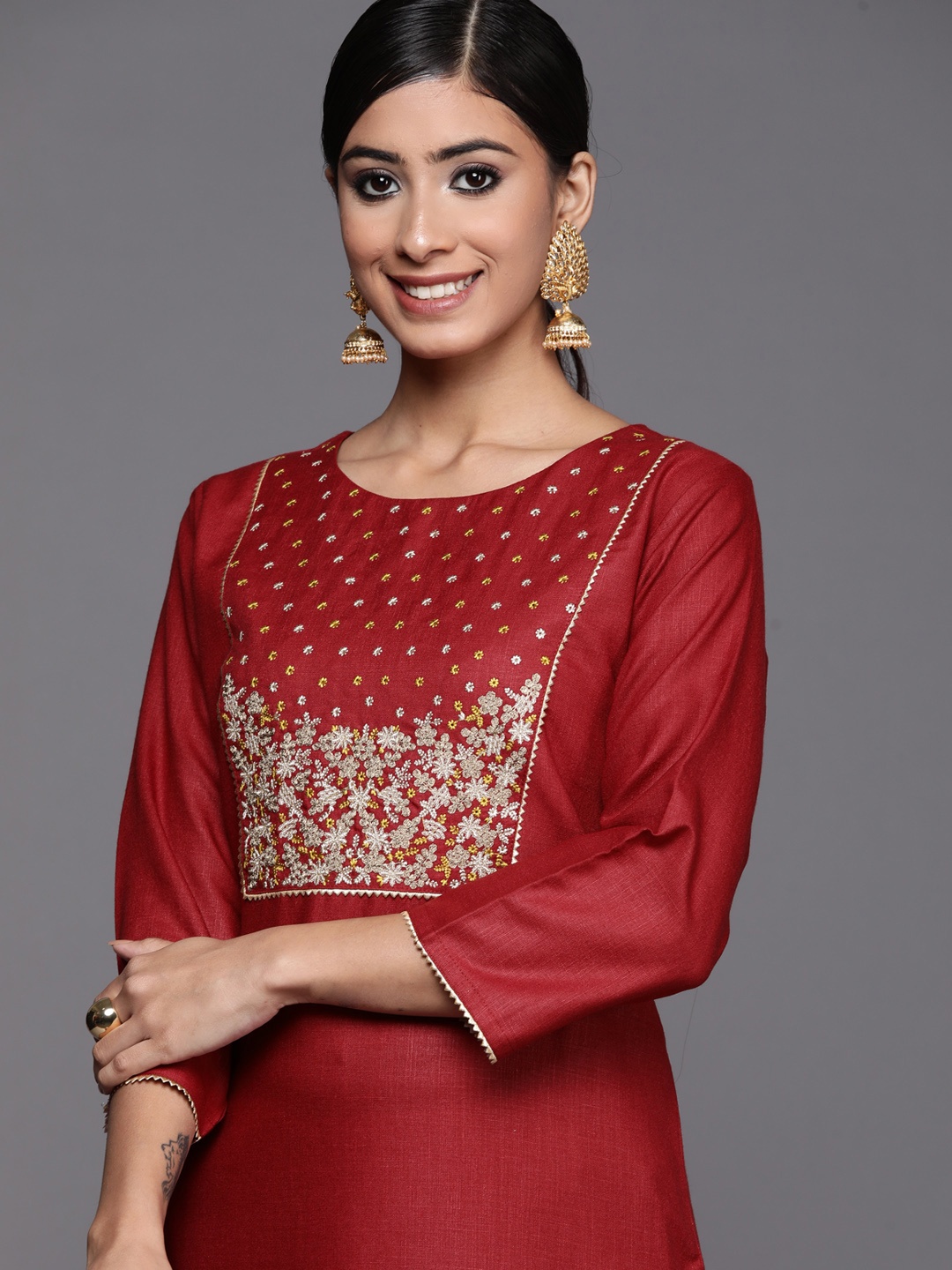 

Varanga Women Maroon & Golden Ethnic Motifs Yoke Design Cotton Kurta