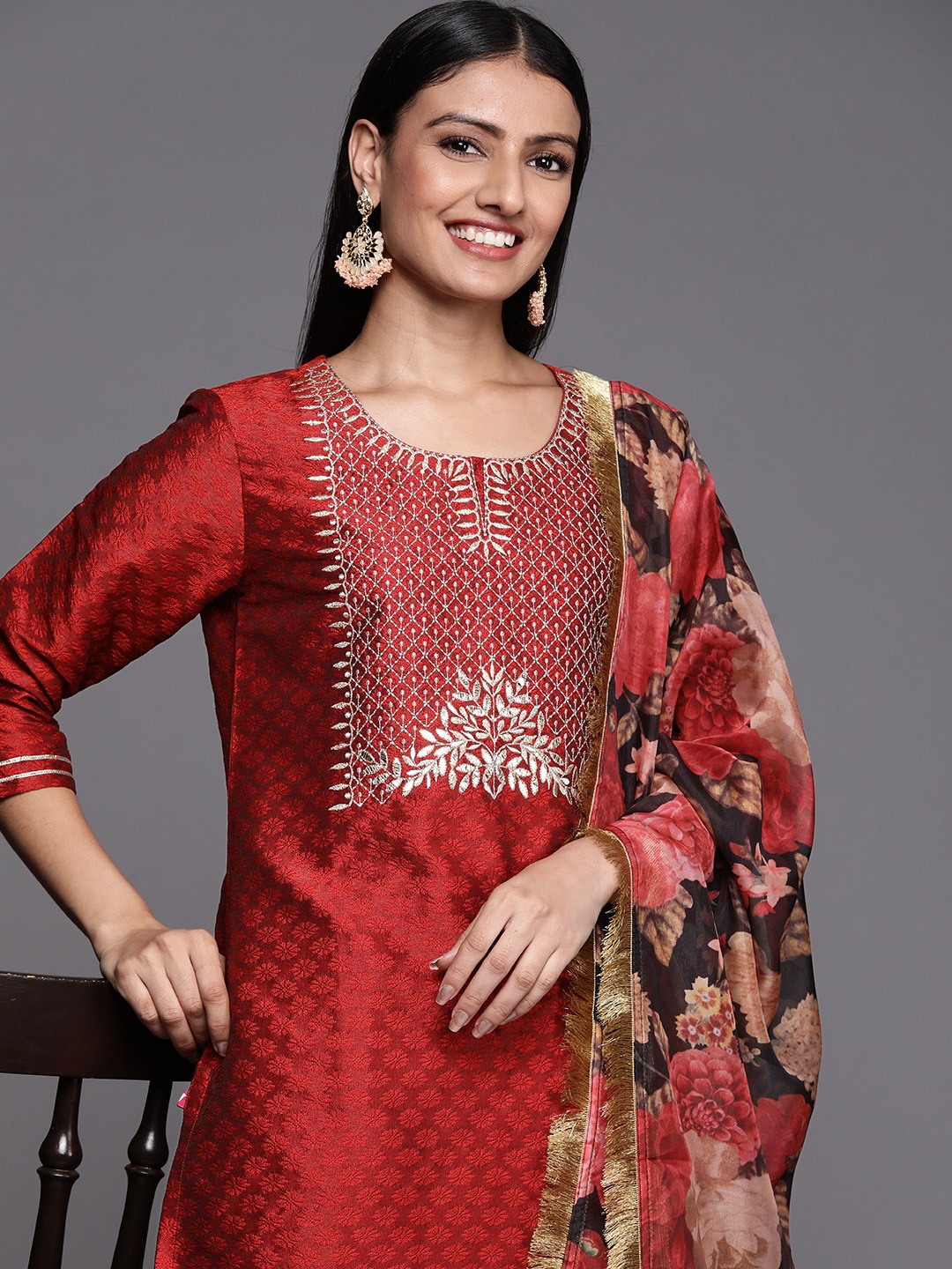 

Varanga Women Red Woven Design Kurta with Trousers & Dupatta