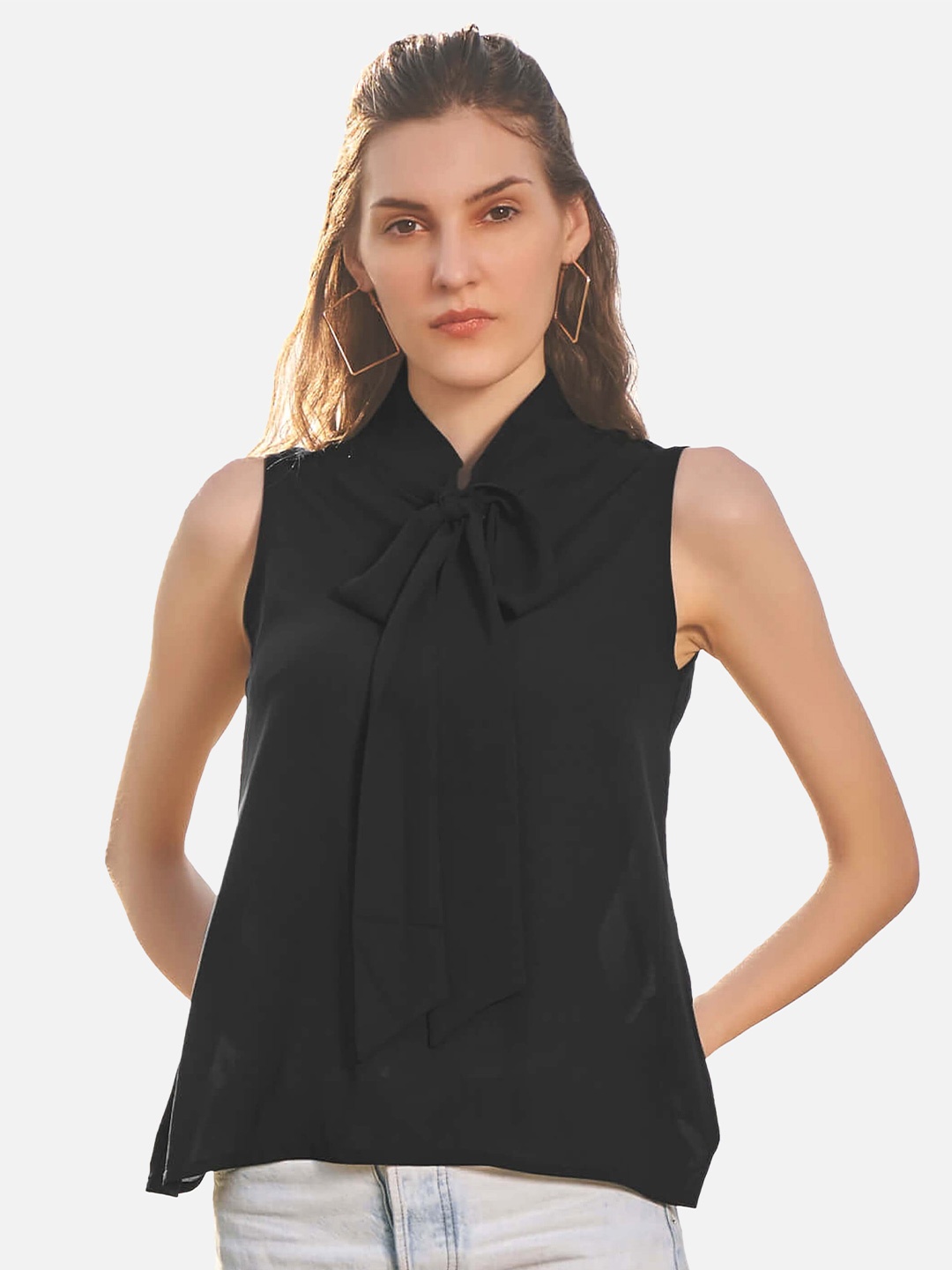 

NEOFAA Women Black Tie-Up Neck Georgette Top