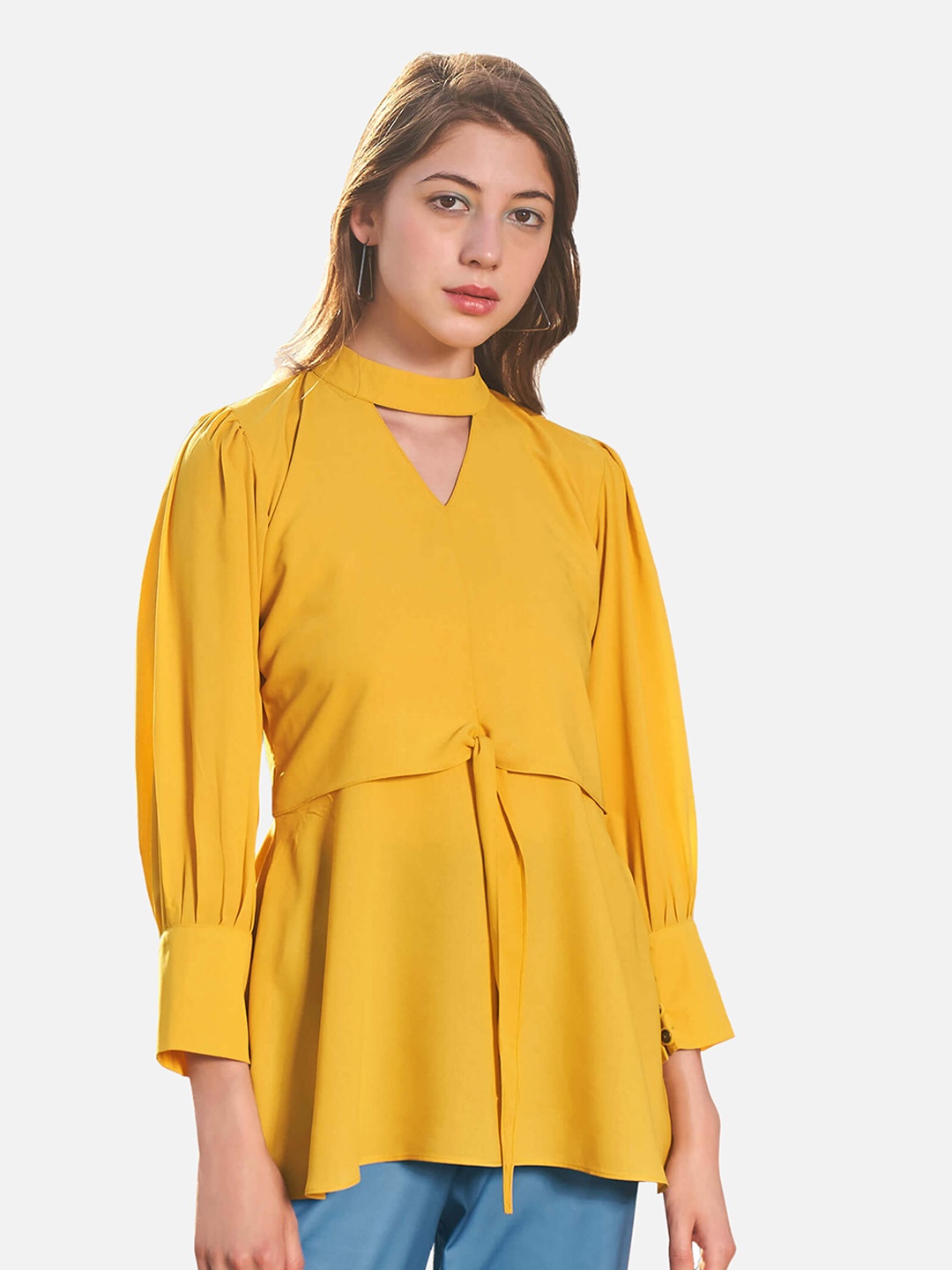 

NEOFAA Mustard Yellow Keyhole Neck Georgette Cinched Waist Top