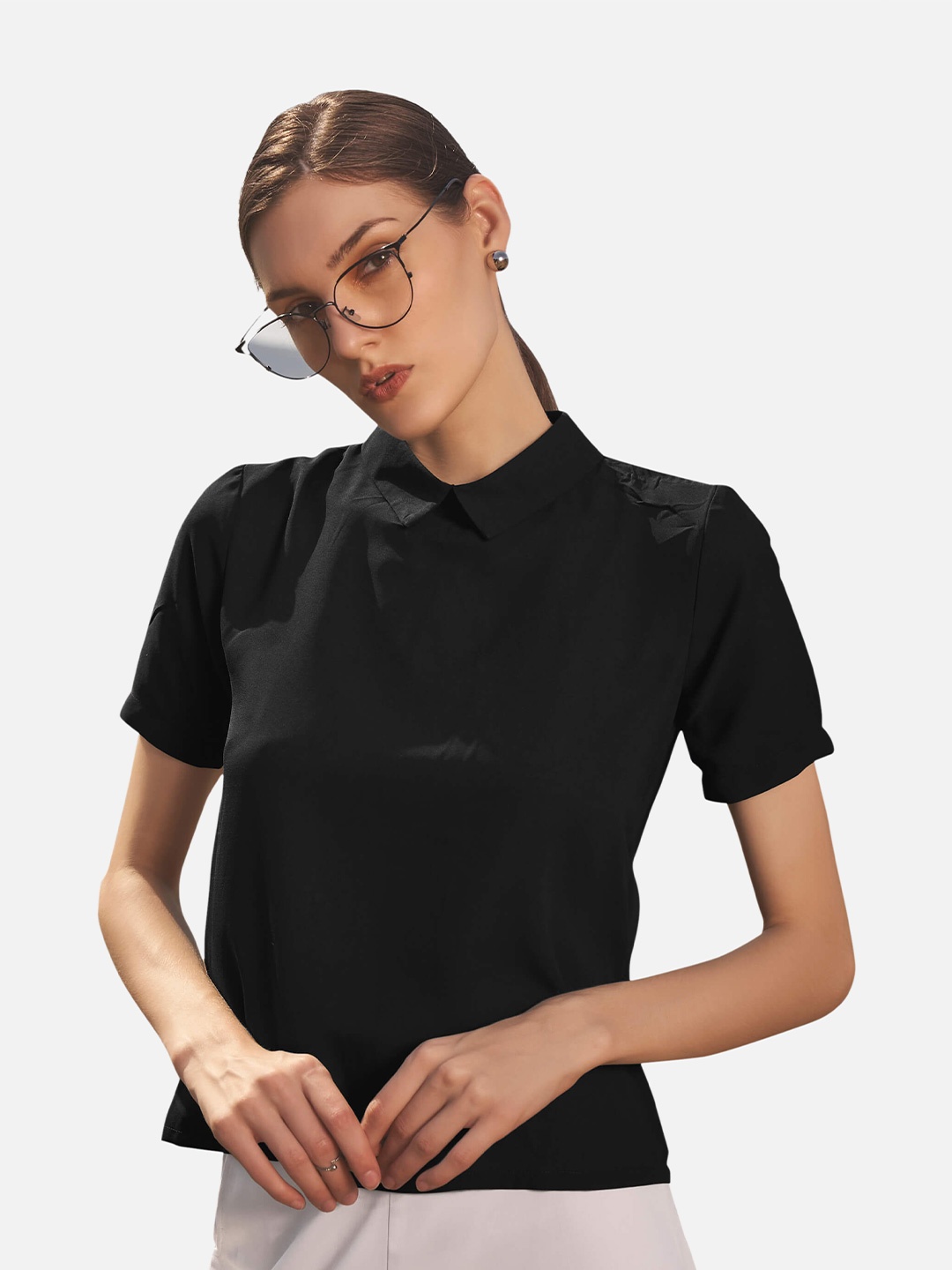 

NEOFAA Women Black Georgette Shirt Style Top