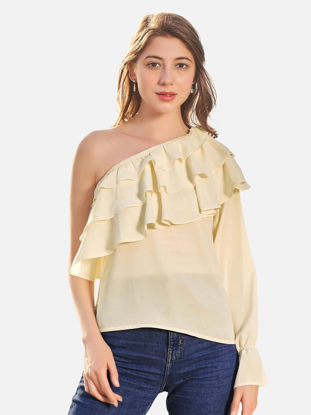 

NEOFAA Women Cream Coloured One Shoulder Ruffles Georgette Top
