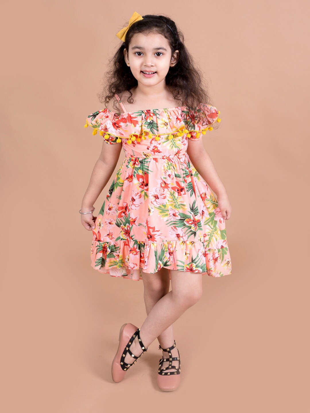 

pspeaches Girls Coral & Green Floral Off-Shoulder Fit and Flare Dress