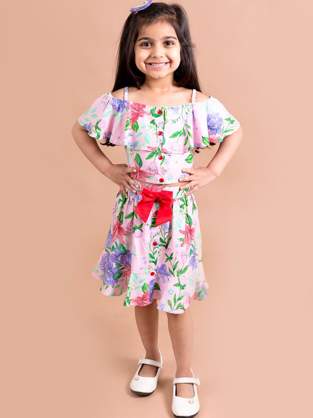 

pspeaches Girls Pink & Blue Printed Top with Skirt
