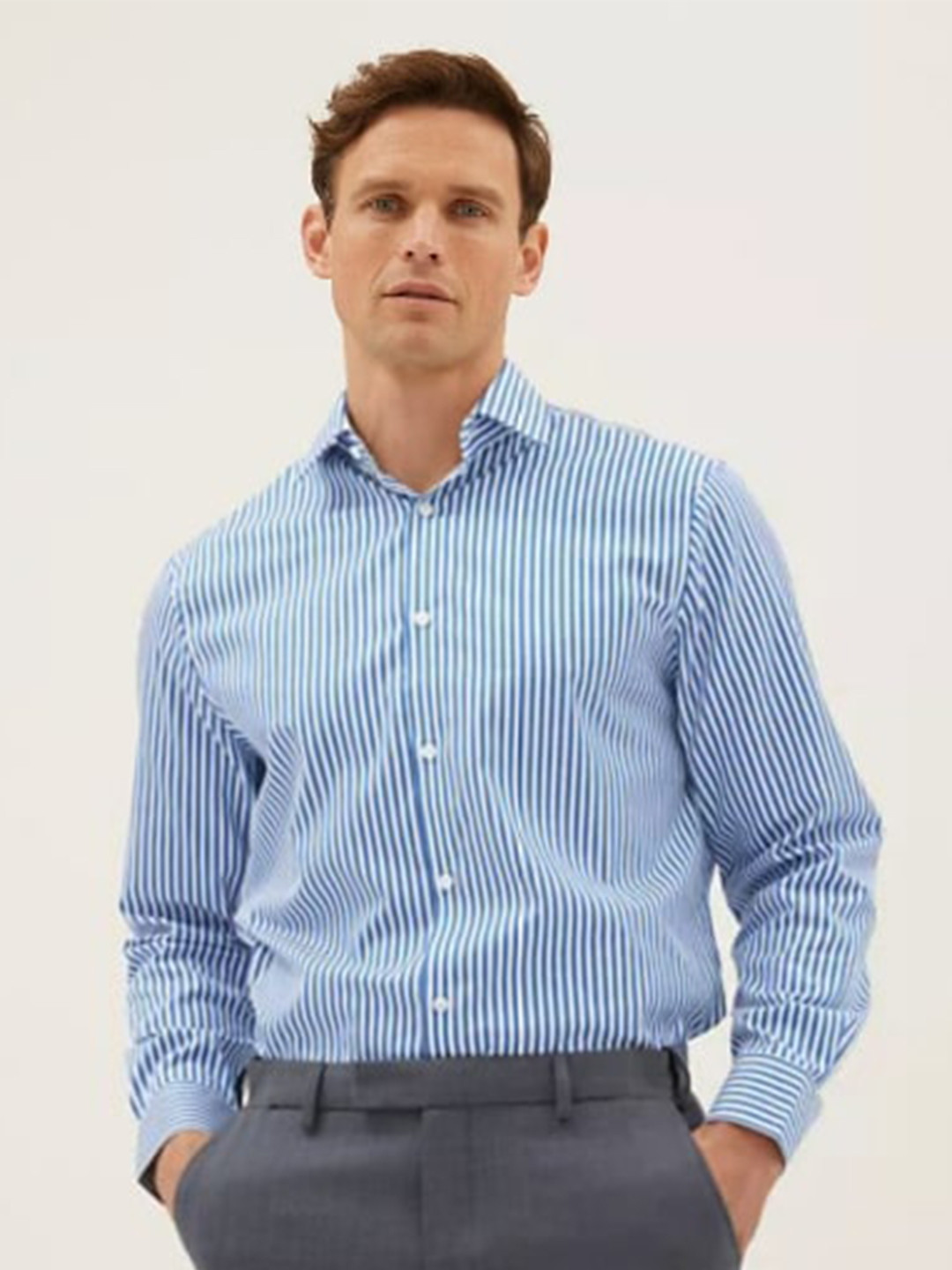 

Marks & Spencer Men Blue Striped Formal Pure Cotton Shirt