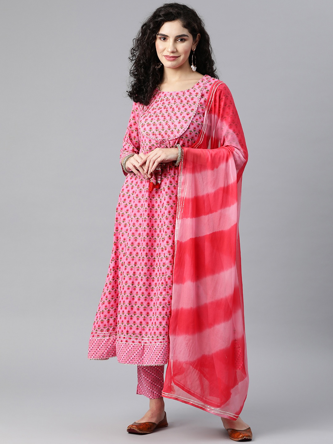 

KALINI Women Pink Floral Printed Pure Cotton Kurta with Trousers & With Dupatta