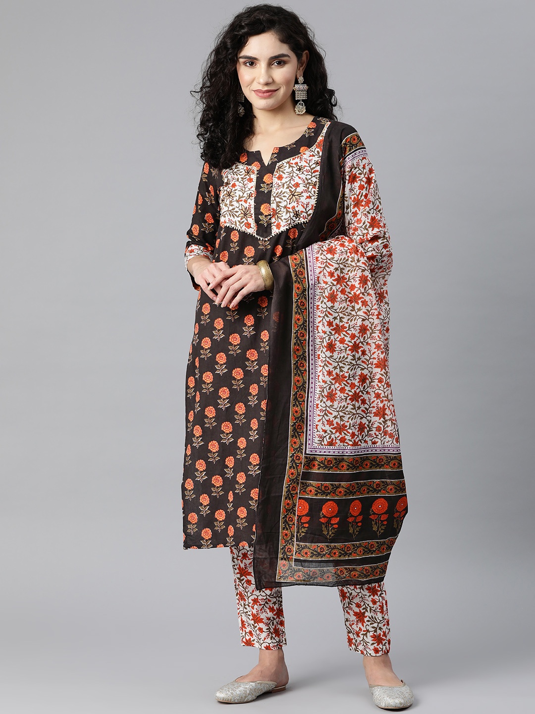 

KALINI Women Floral Printed Gotta Patti Pure Cotton Kurta with Trousers & With Dupatta, Brown