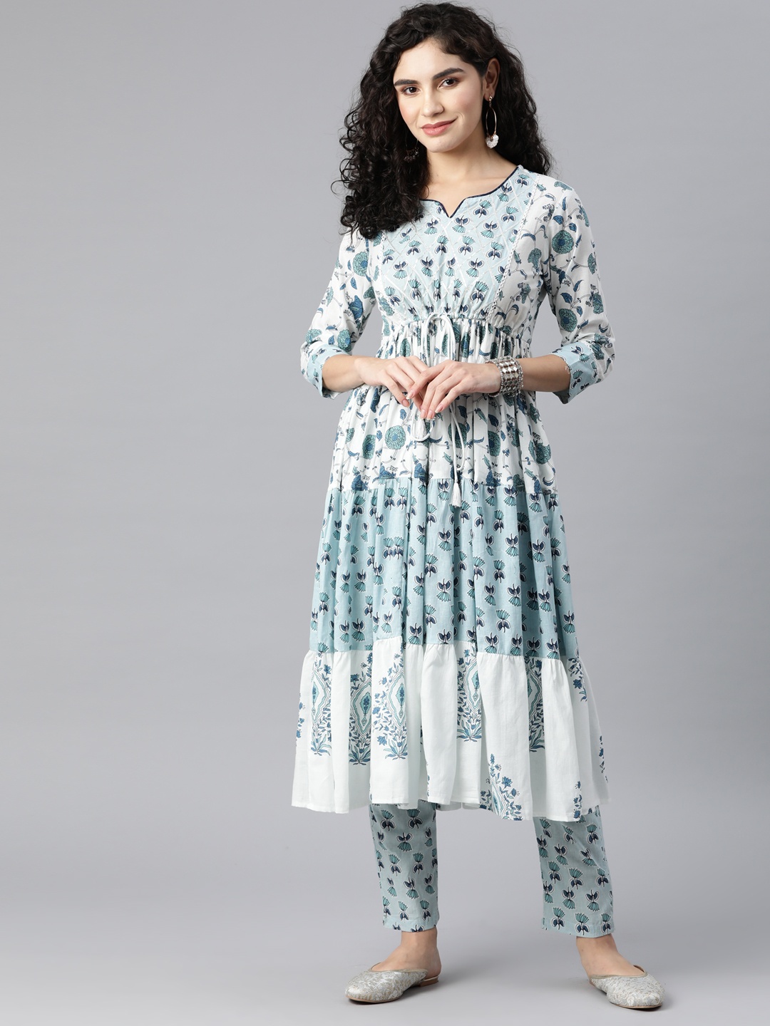 

KALINI Women White Floral Printed Pure Cotton Kurta with Trousers