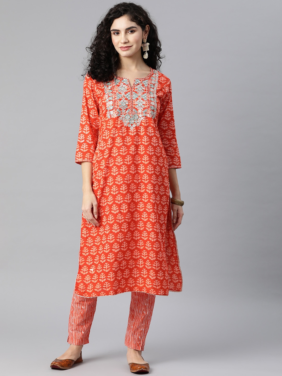 

KALINI Women Ethnic Motifs Embroidered Thread Work Pure Cotton Kurta with Trousers, Orange