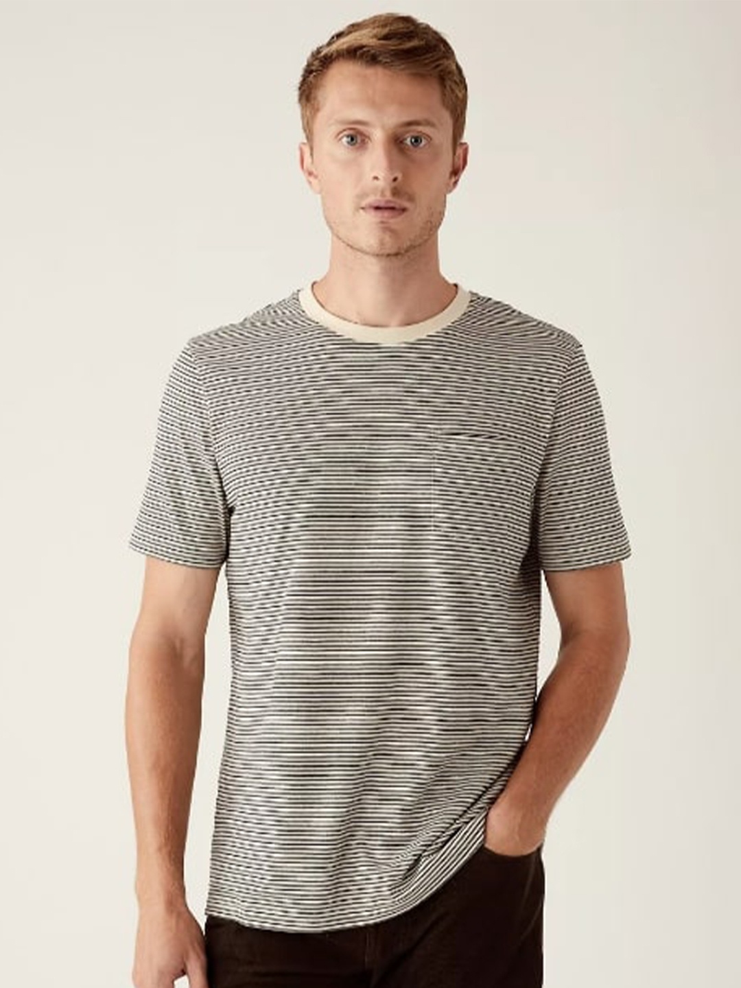 

Marks & Spencer Men Beige & Black Striped T-shirt