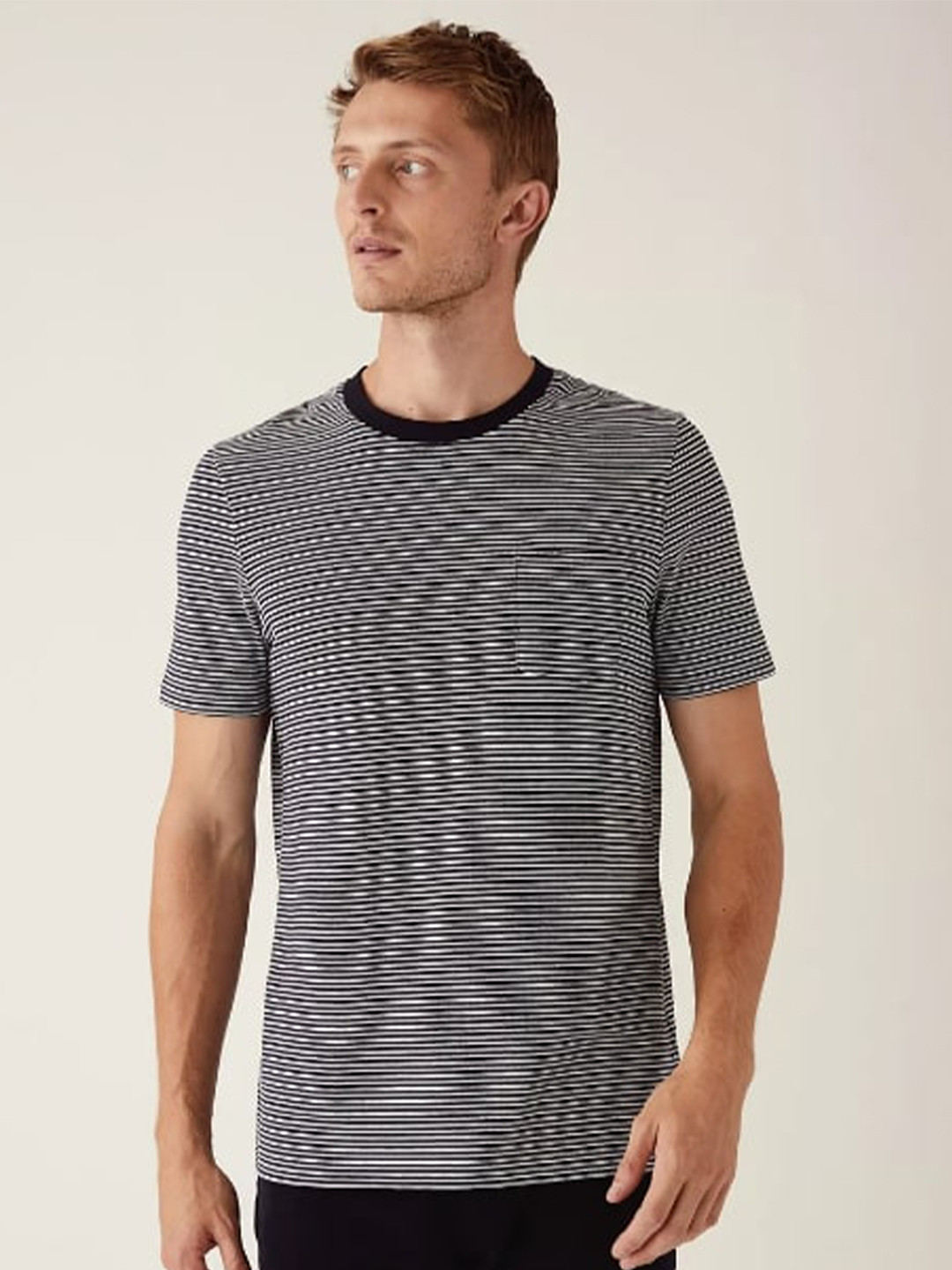 

Marks & Spencer Men Navy Blue & White Striped Pure Cotton T-shirt