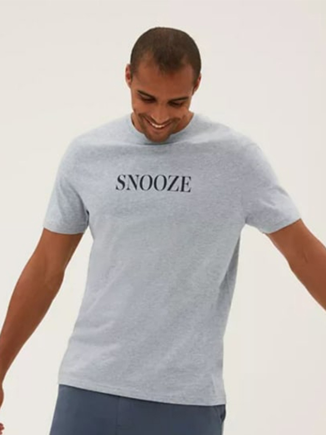 

Marks & Spencer Men Grey Typography Printed Pure Cotton T-shirt