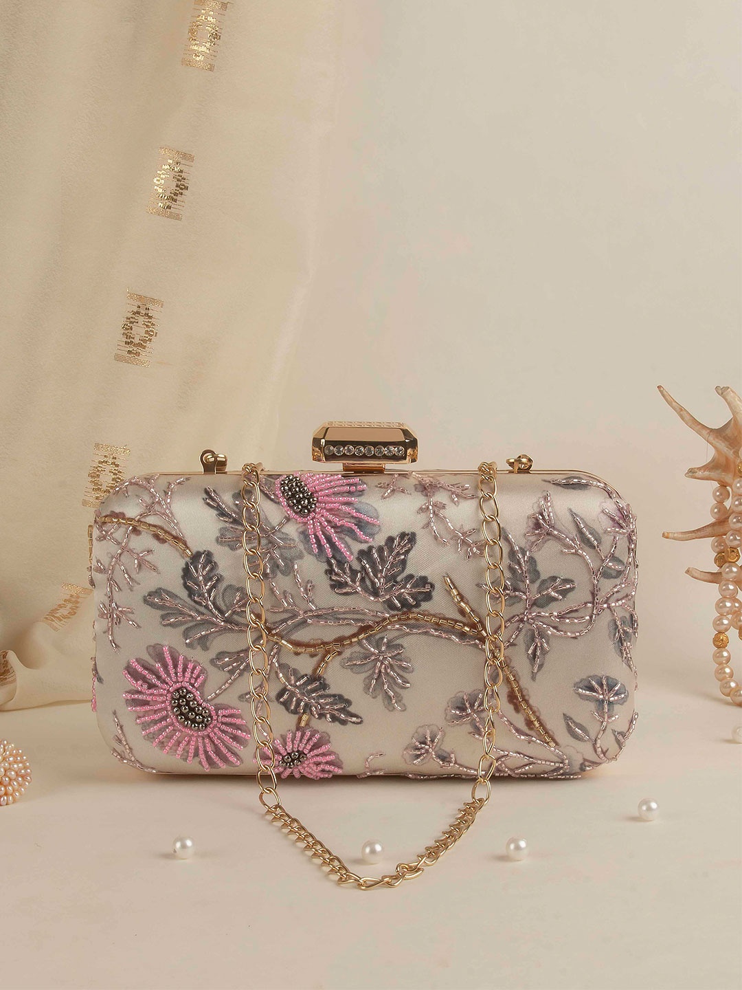 

Swisni Embellished Box Clutch, Beige