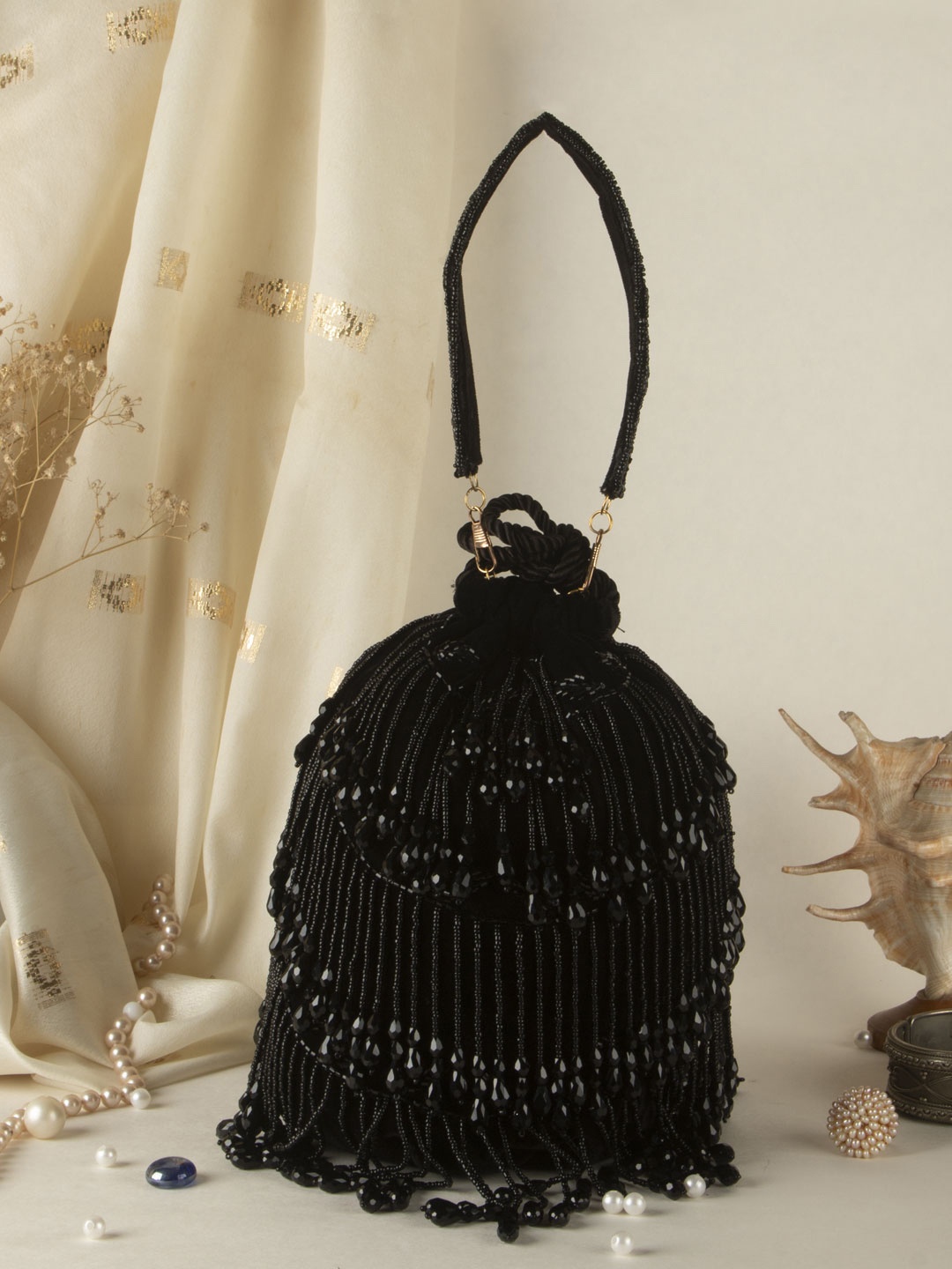 

Swisni Black Embroidered Embellished Potli Clutch