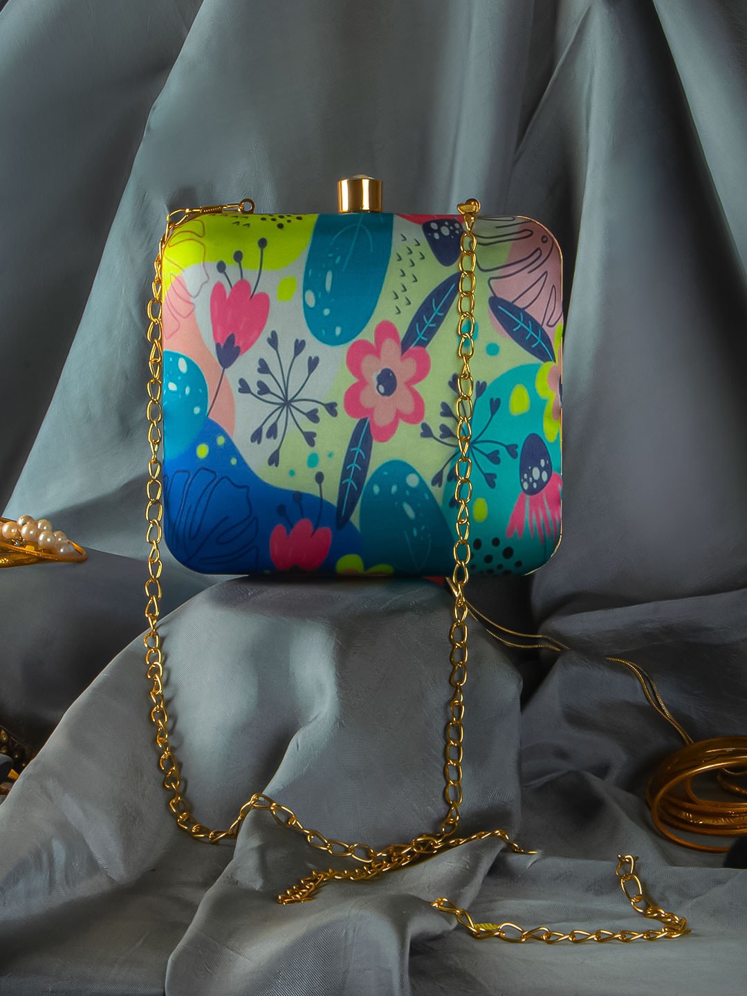 

Swisni Floral Printed Box Clutch, Blue