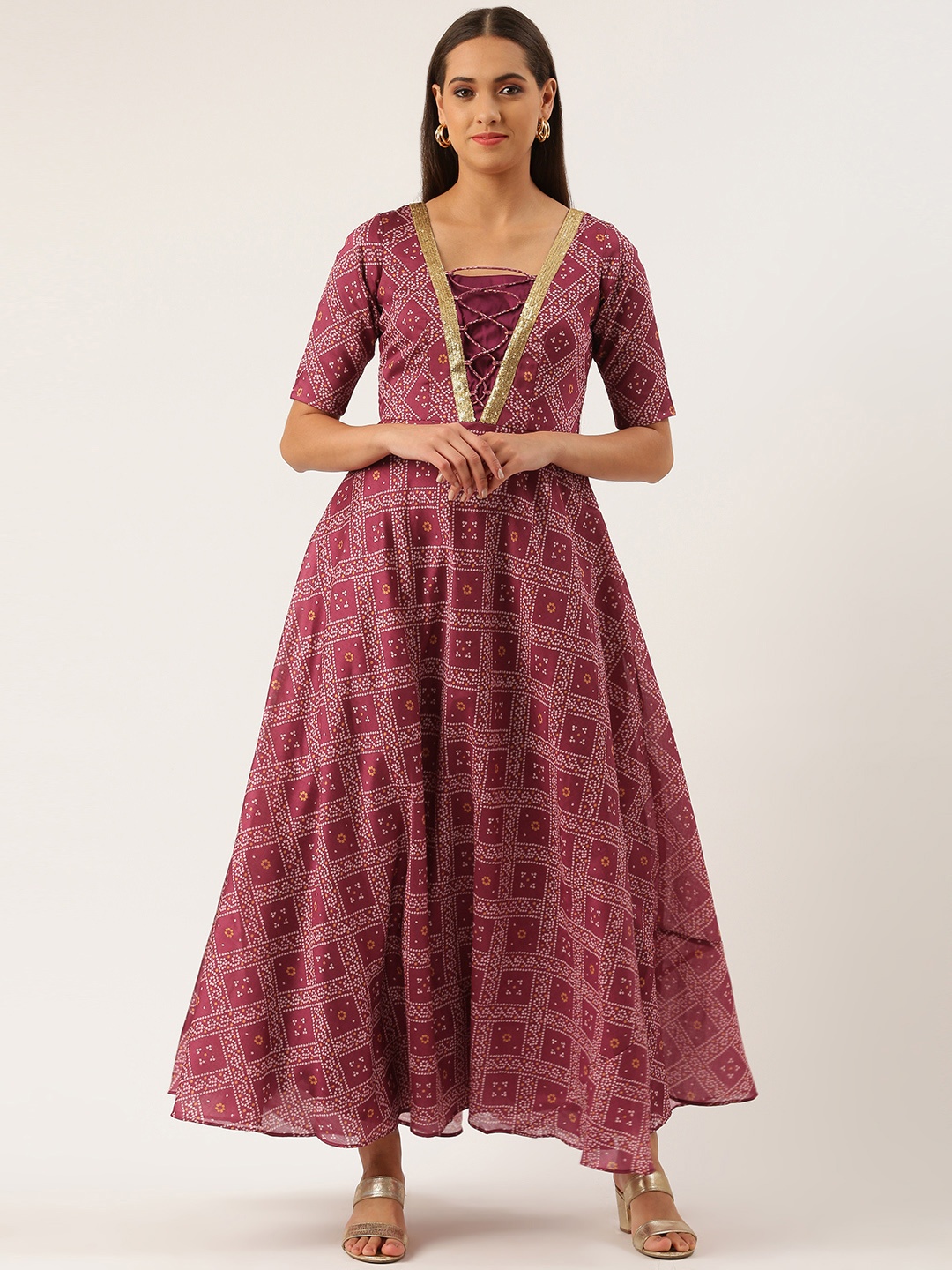 

Ethnovog Dusty Pink Bandhani Print Ready To Wear Crisscross A-Line Ethnic Dress