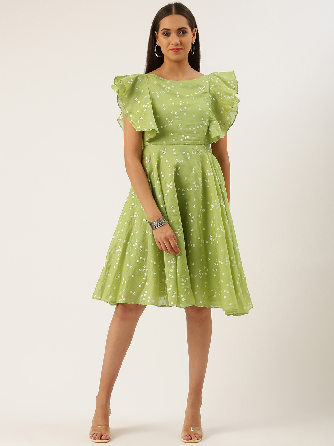 

Ethnovog Green White Pure Cotton Ethnic Motifs Print Fit Flare Dress