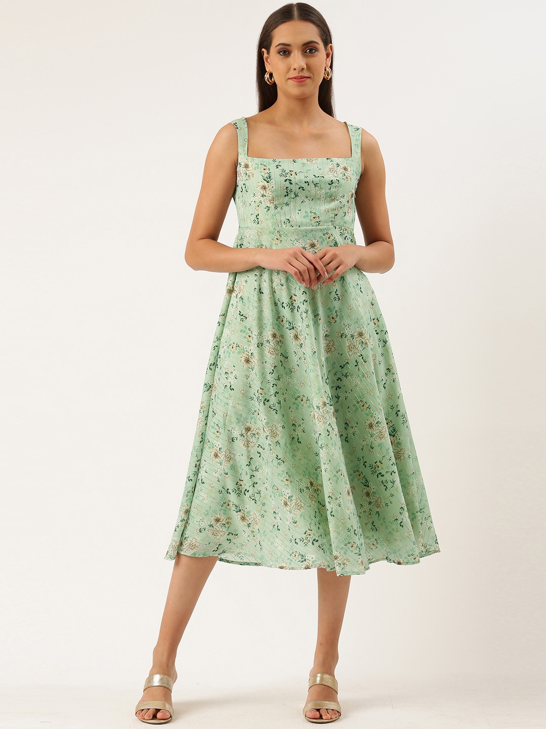 

Ethnovog Floral Print Fit Flare Dress, Navy blue