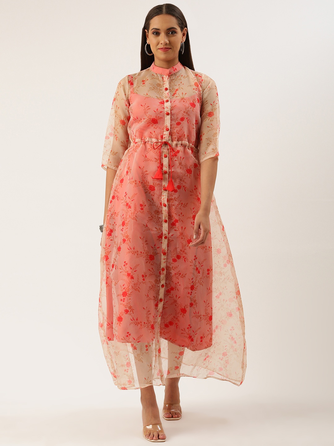 

Ethnovog Red Floral Print A-Line Maxi Dress