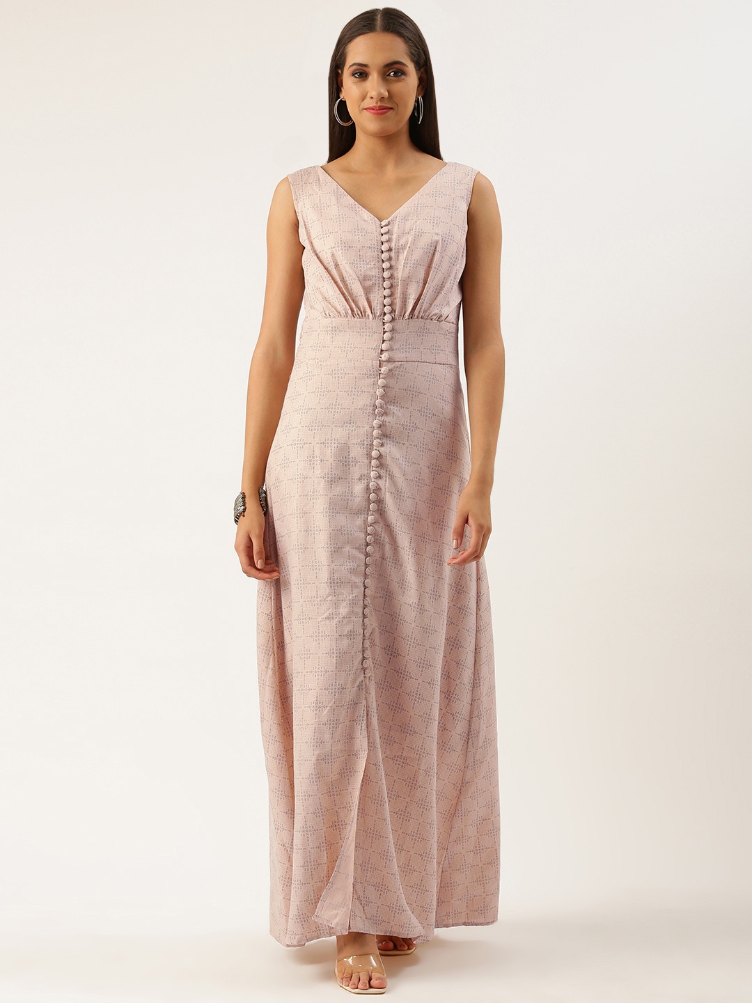 

Ethnovog Peach-Coloured Grey Cotton Geometric Print Fit Flare Maxi Dress
